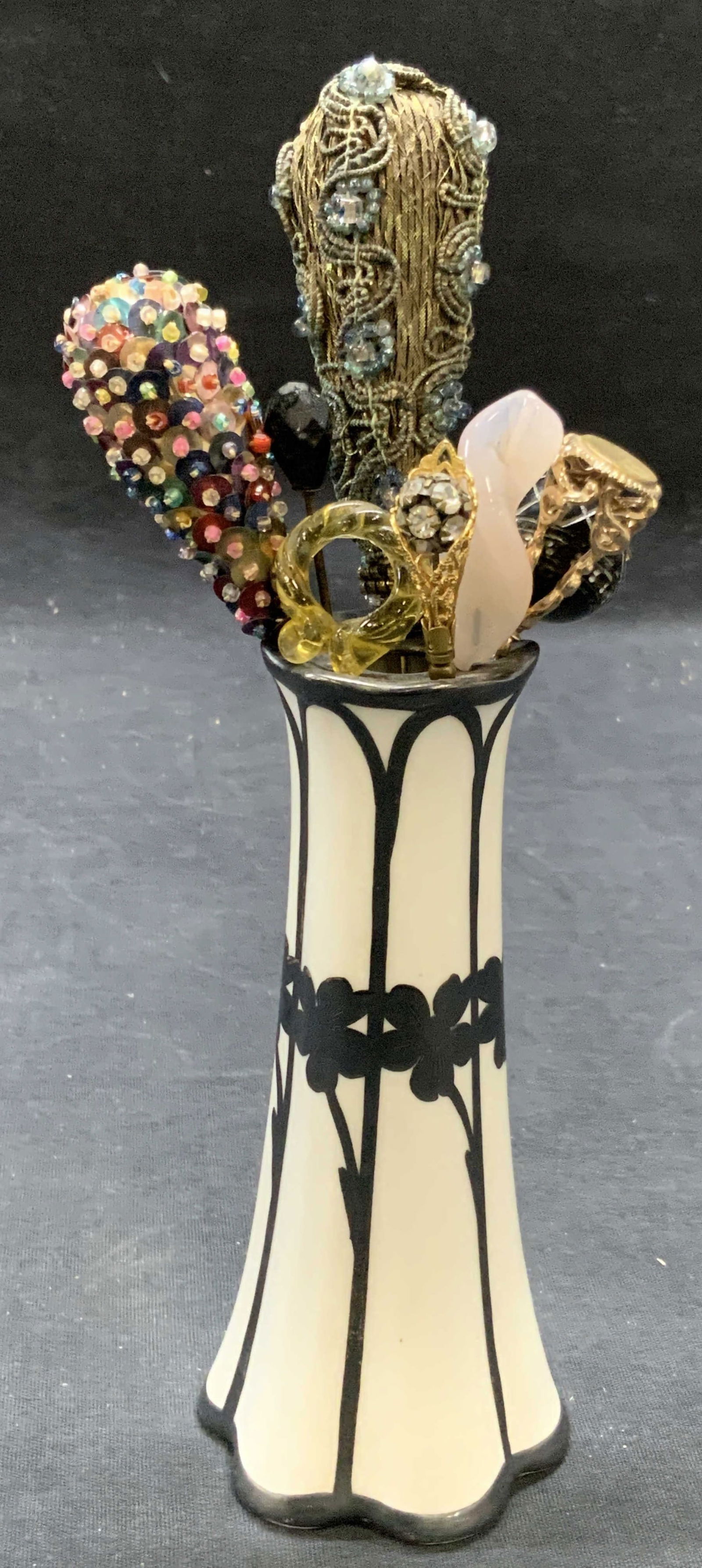 9 Porcelain Silver Overlay Hat Pin Stand & Pins (1 of 9)