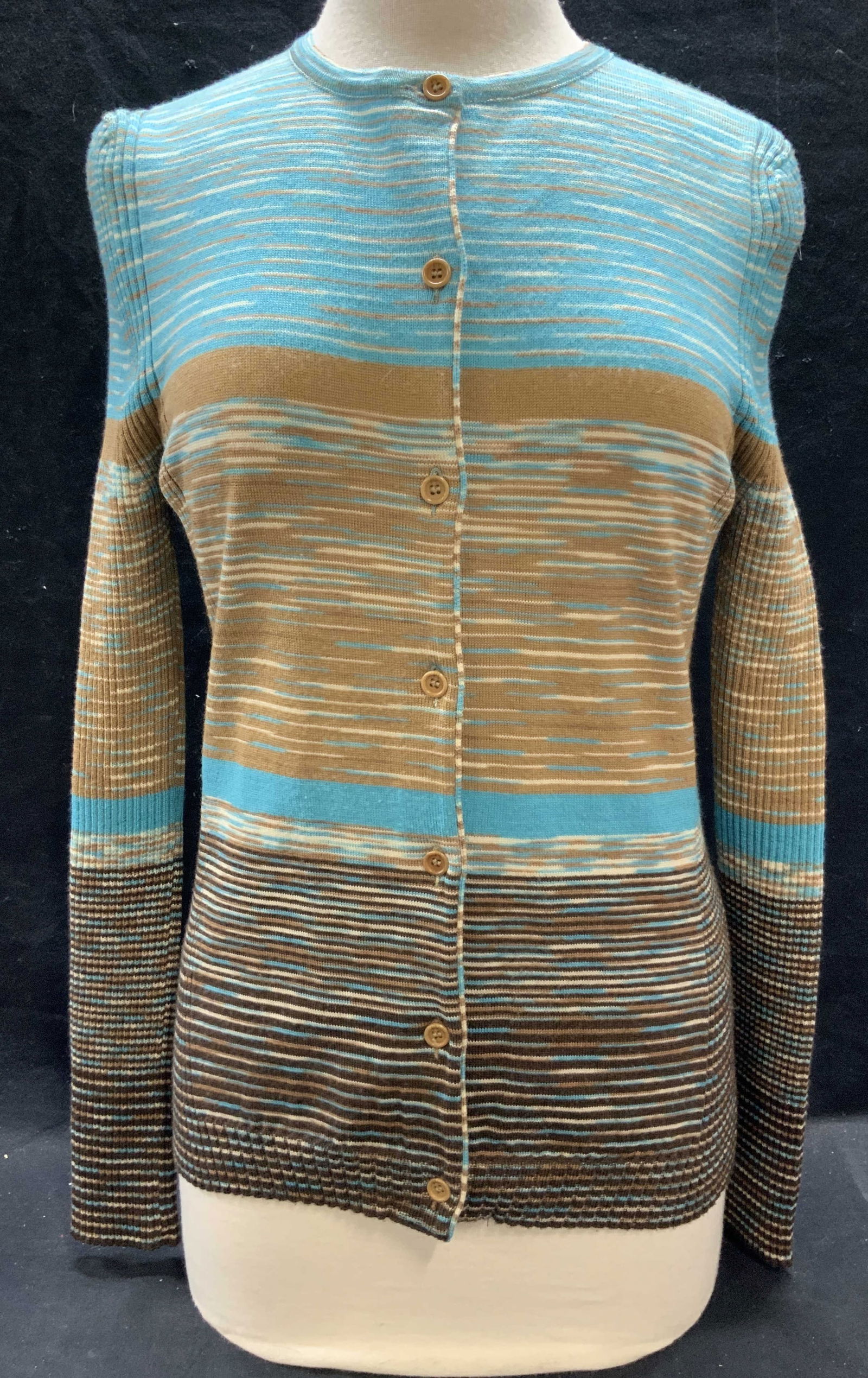 Missoni Blue Striped Wool Cardigan, Italy: Missoni blue and brown striped knit cardigan sweater. Size 46. Made in Italy. Wool and acrylic blend. Some wear to material consistent with exposure. Missoni, Missoni sweater, Missoni cardigan, ladies