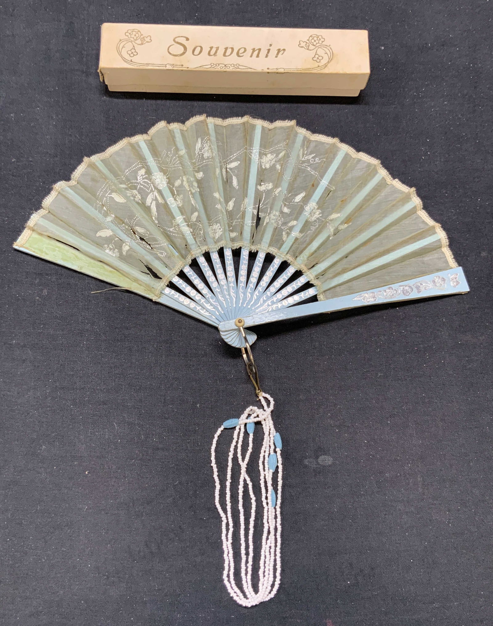 Vintage Hand Painted Blue Silk Fan (1 of 8)
