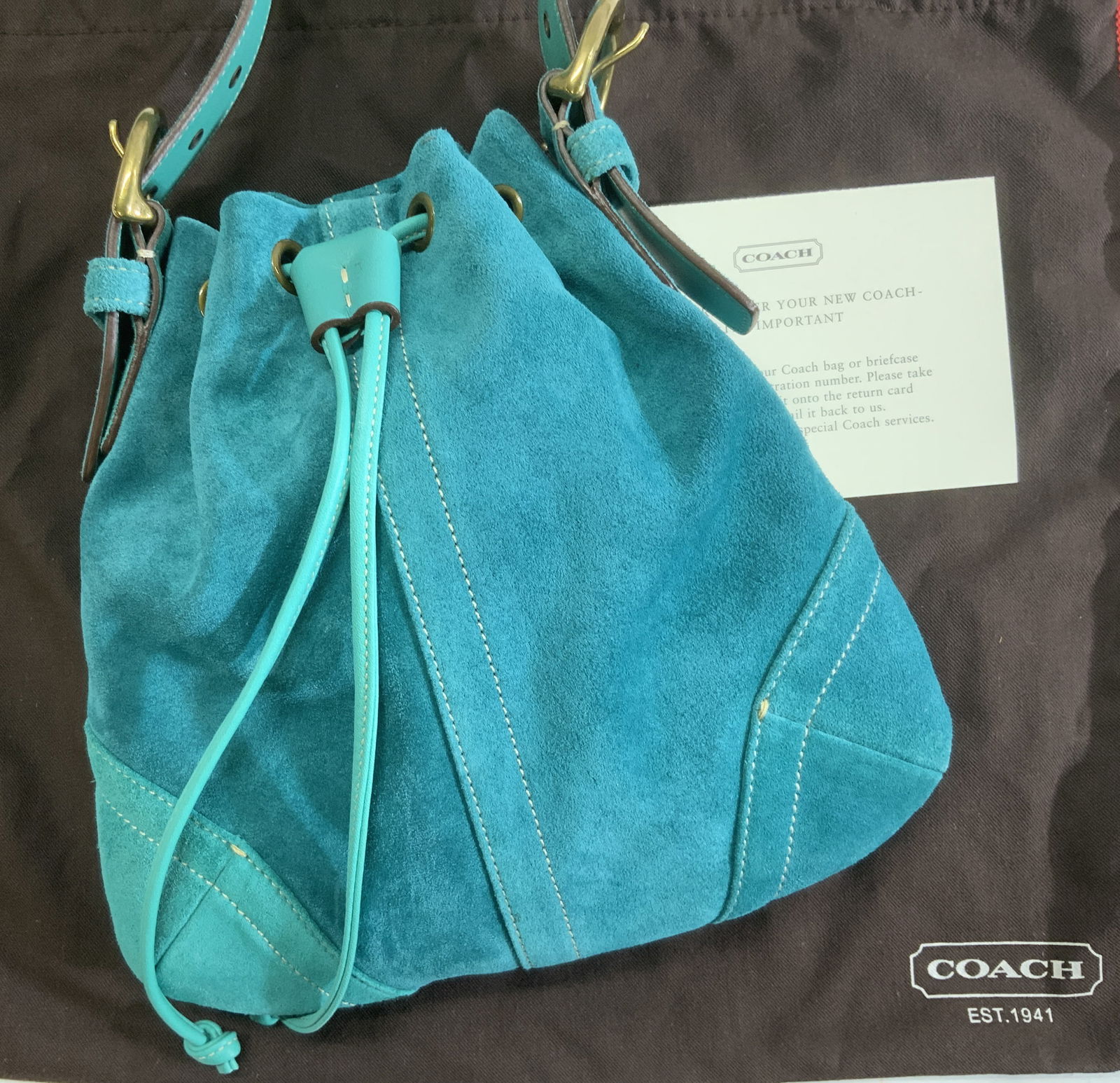 4 COACH Turquoise Suede & Leather Cinch Bag, NIB (1 of 15)