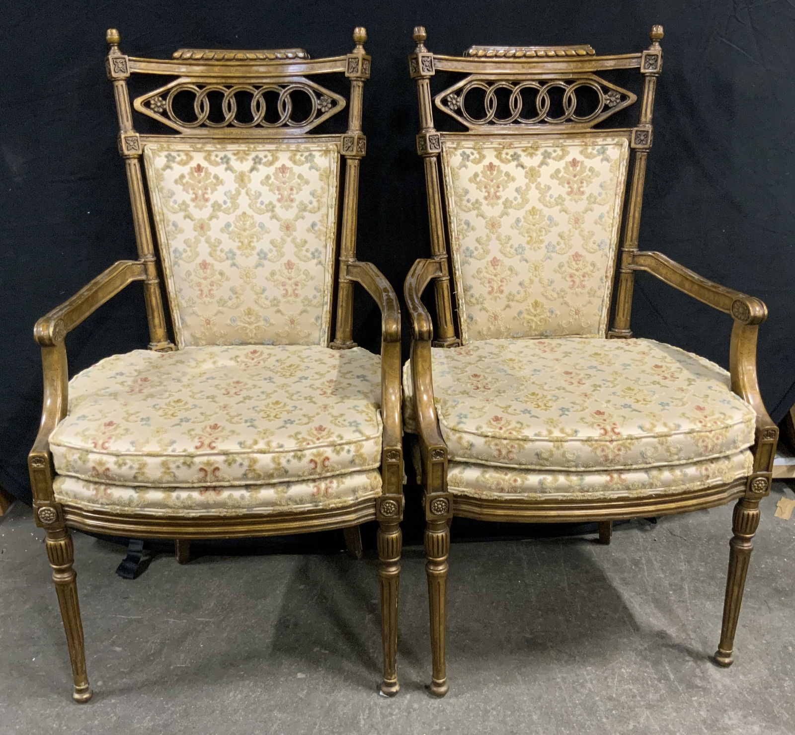 Pair Vintage Carved Wood Upholstered Armchairs (1 of 9)