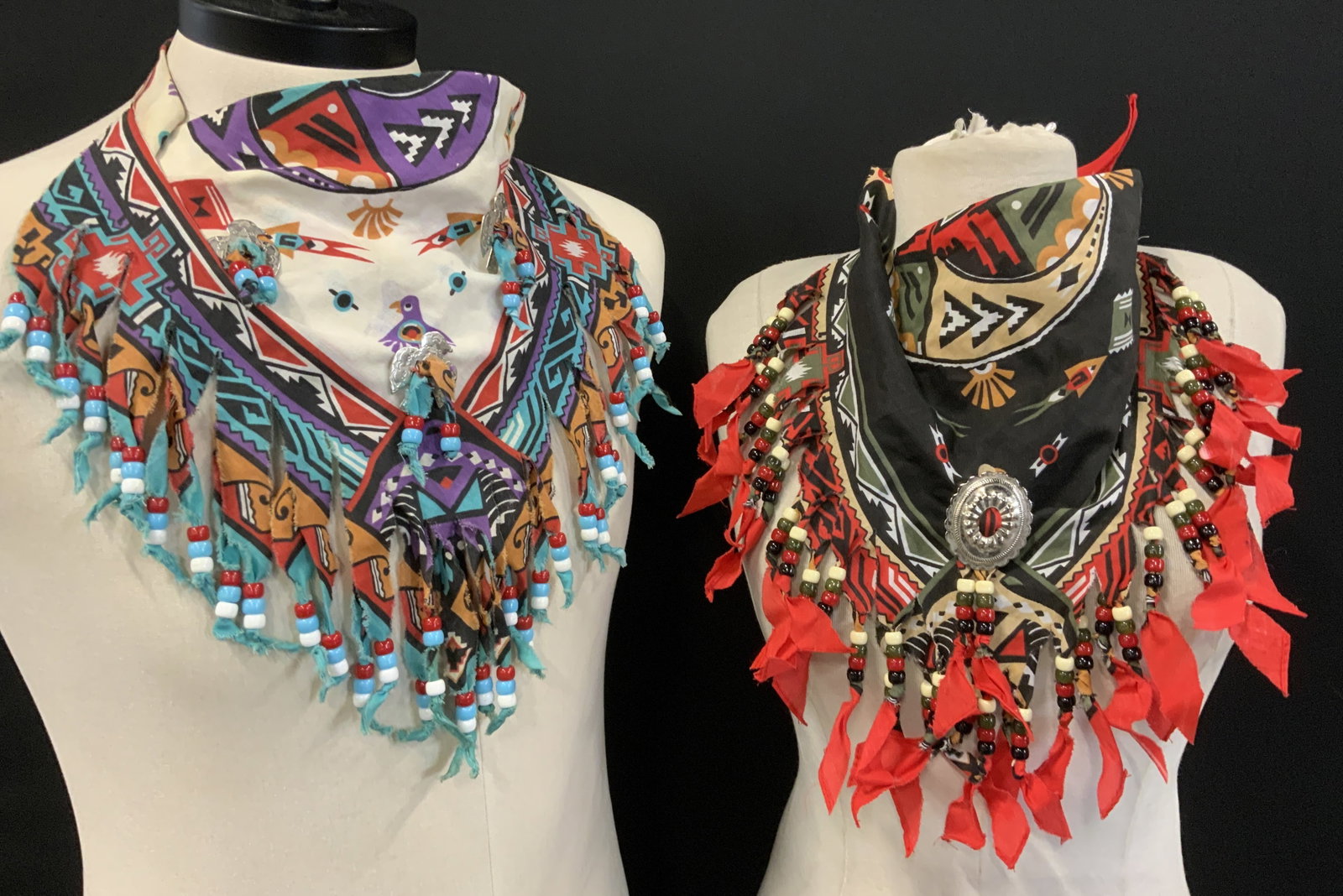 Pair Native American Beaded Neck Bandanas, USA: Hand crafted Native American cotton neckerchiefs/ bandanas for the neck. Each accented with silver tone metal accents, one an oval, the other has 3 eagles. Both can be tied. One has Velcro attached. B