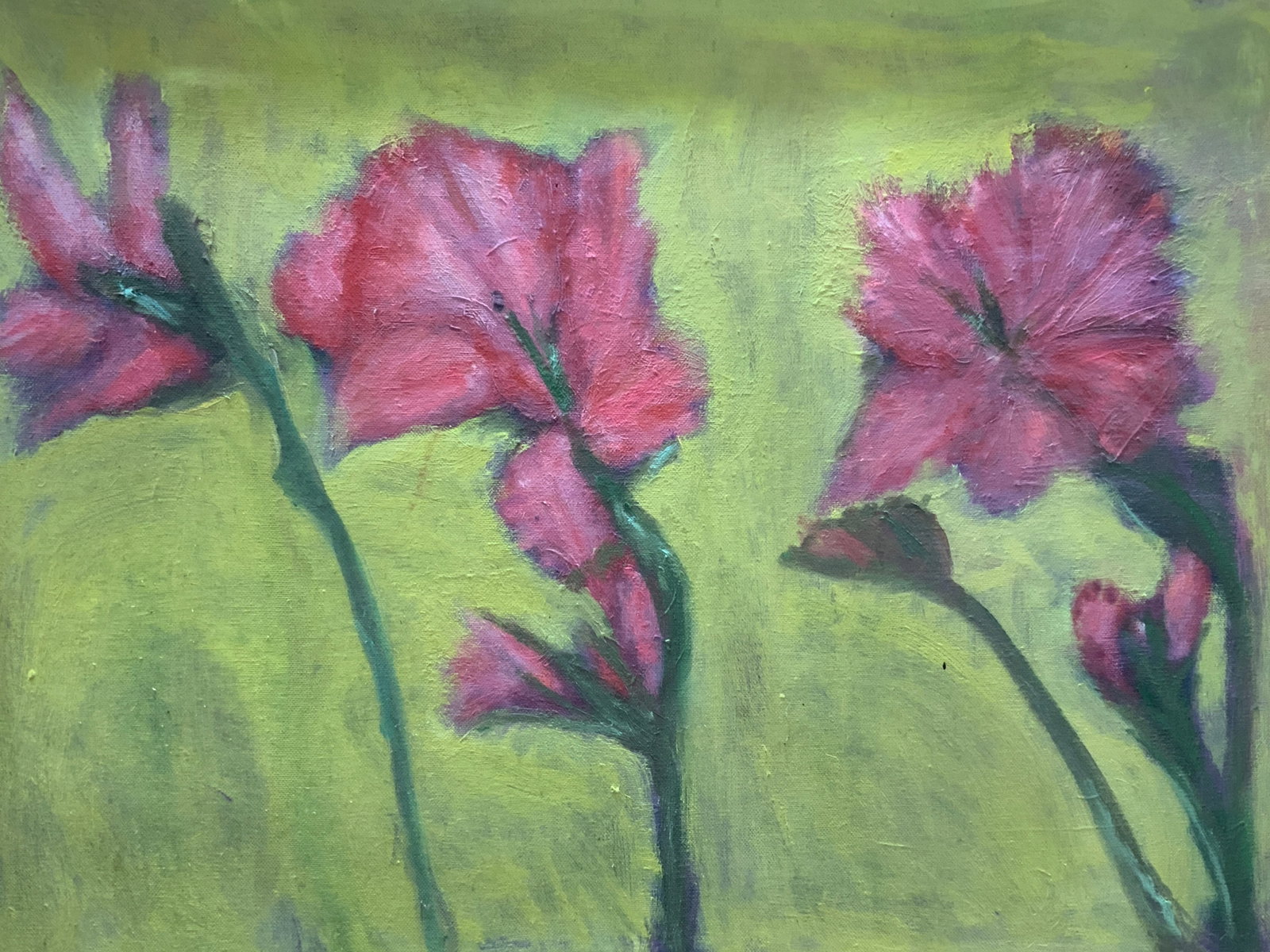 Floral Oil Painting On Canvas: Floral painting on canvas depicting three pink flowers against a green background, frames in a gold leafed wooden frame. Approx 20 x 26 inches window measures,17.5 x 23.5 inches Moderate wearing to fr