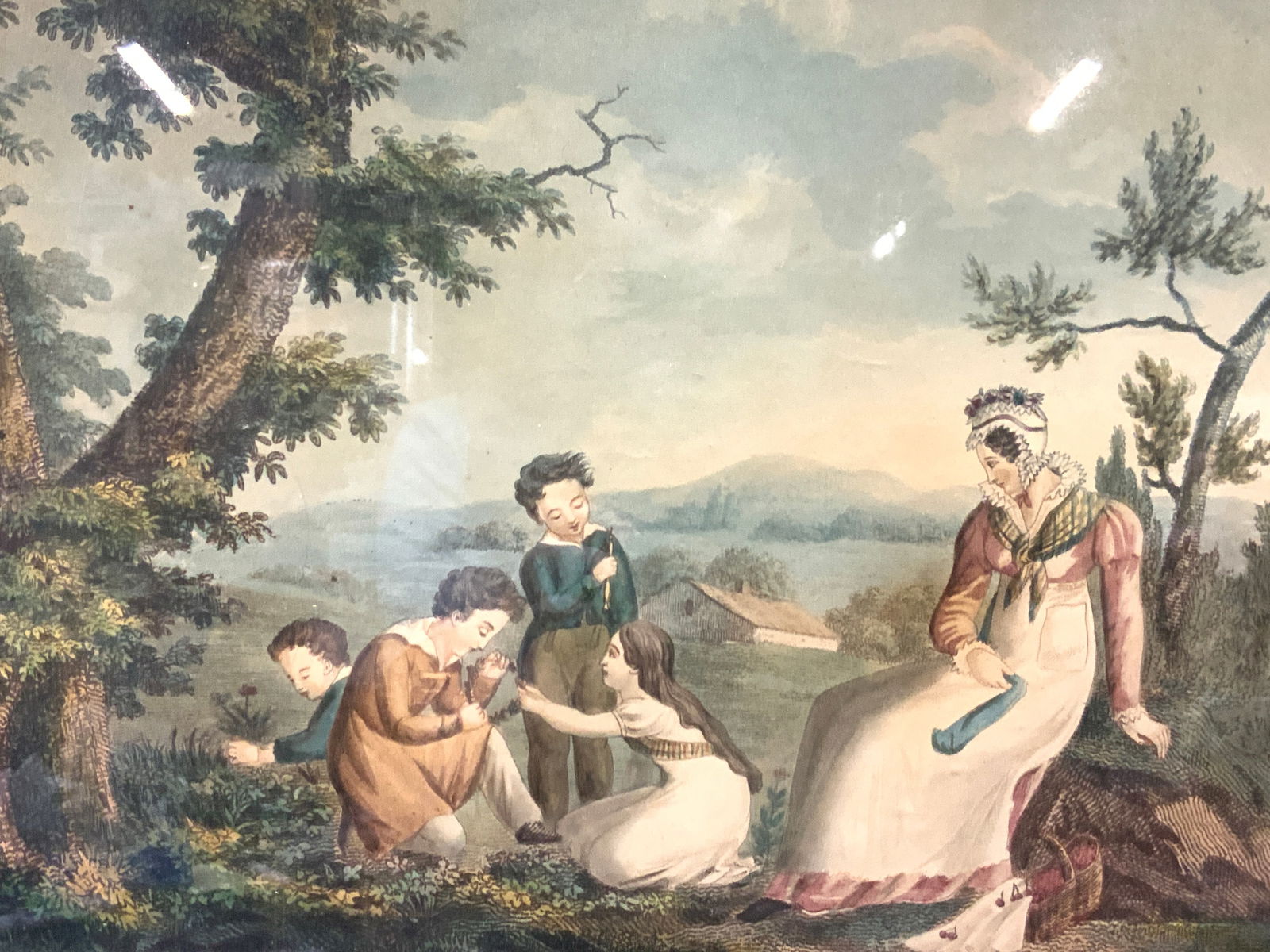 Vtg Hand Colored Mother & Children Engraving (1 of 8)