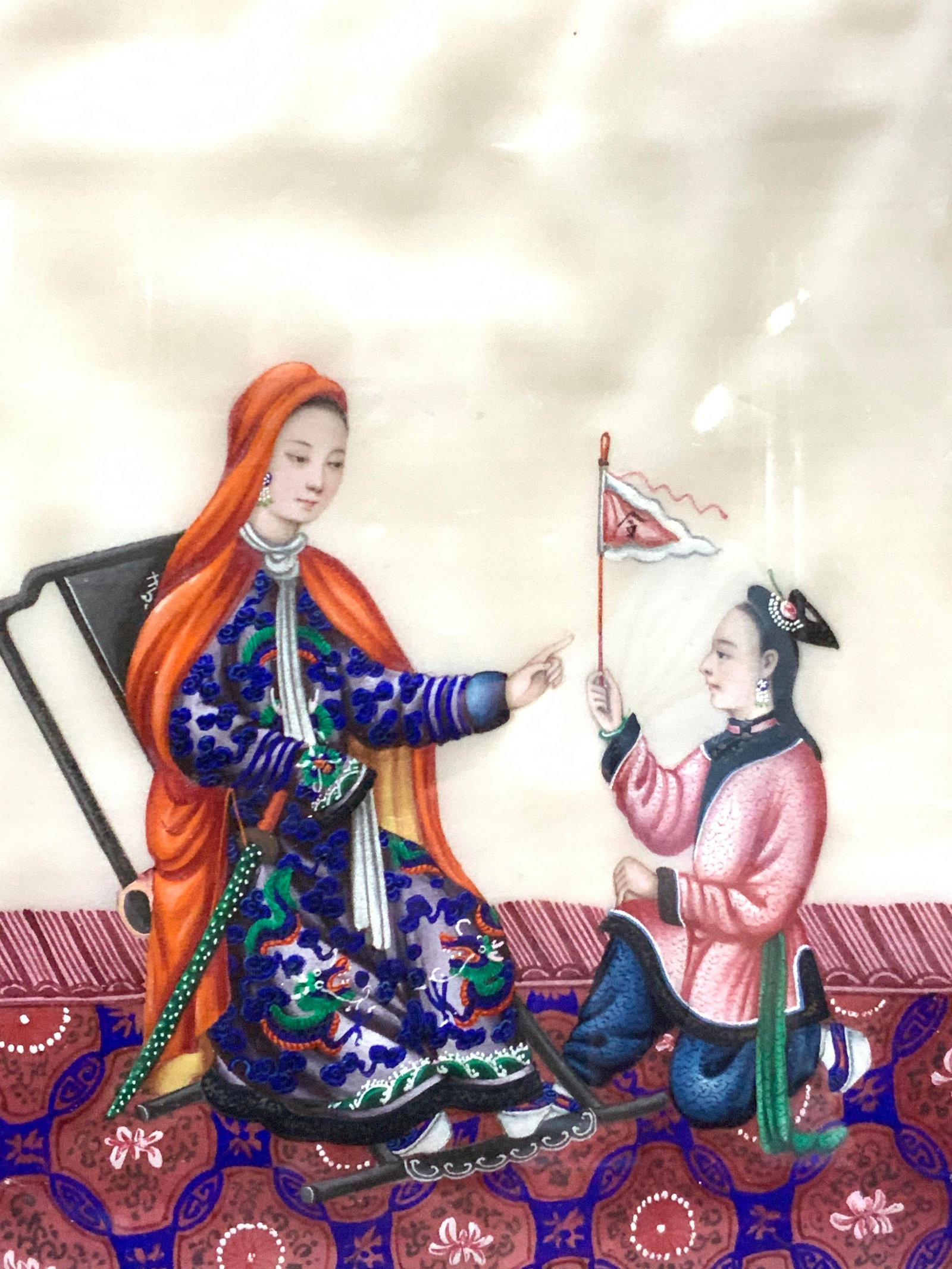 Hand Painted Asian Nobility Gouache Painting: Hand painted on paper Asian notability, depicting a noblewoman seated and talking to a flag bearer. Framed in a gold leafed wooden frame with off white mat board. 15 x 12 window measures 10 x 7 inches