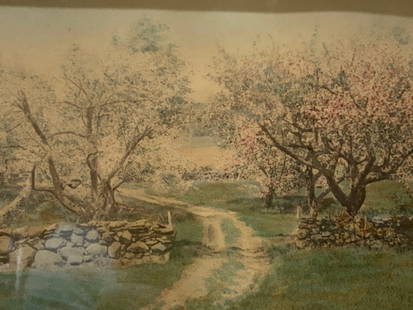 Wallace Nutting Sgd Landscape Tinted Litho: Signed on lower right corner in ink. Wallace nutting. Depicts a landscape with a stone wall and pink blossoming trees. Framed in a dark wooden frame with off white mat board, approx 11 x 17