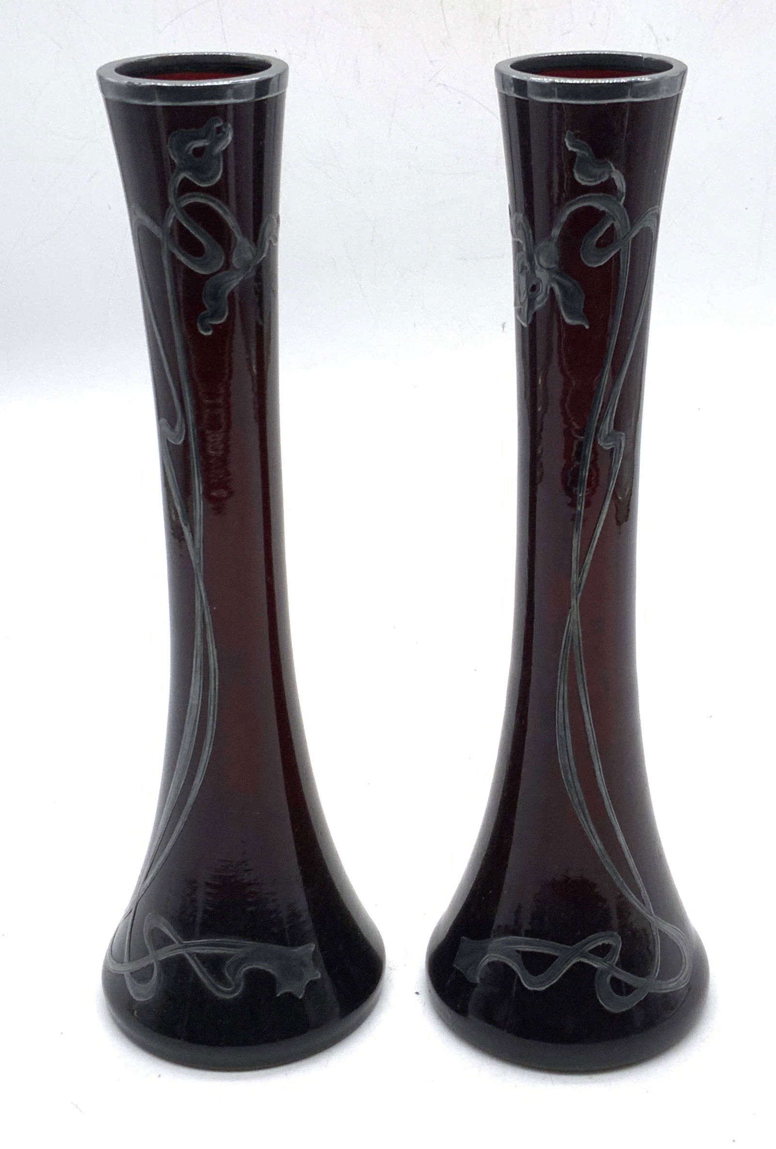 Pair Vtg Cranberry Glass Sterling Silver Vases (1 of 6)