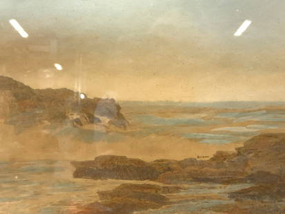 Wallace Nutting Seascape Tinted Lithograph, 1919: Signed on lower right corner in ink. Wallace nutting. Depicts a seascape of an ocean. Marked 1919 on center Framed in a tan toned carved edged wooden frame with off white mat board, approx 12 x 14 inc