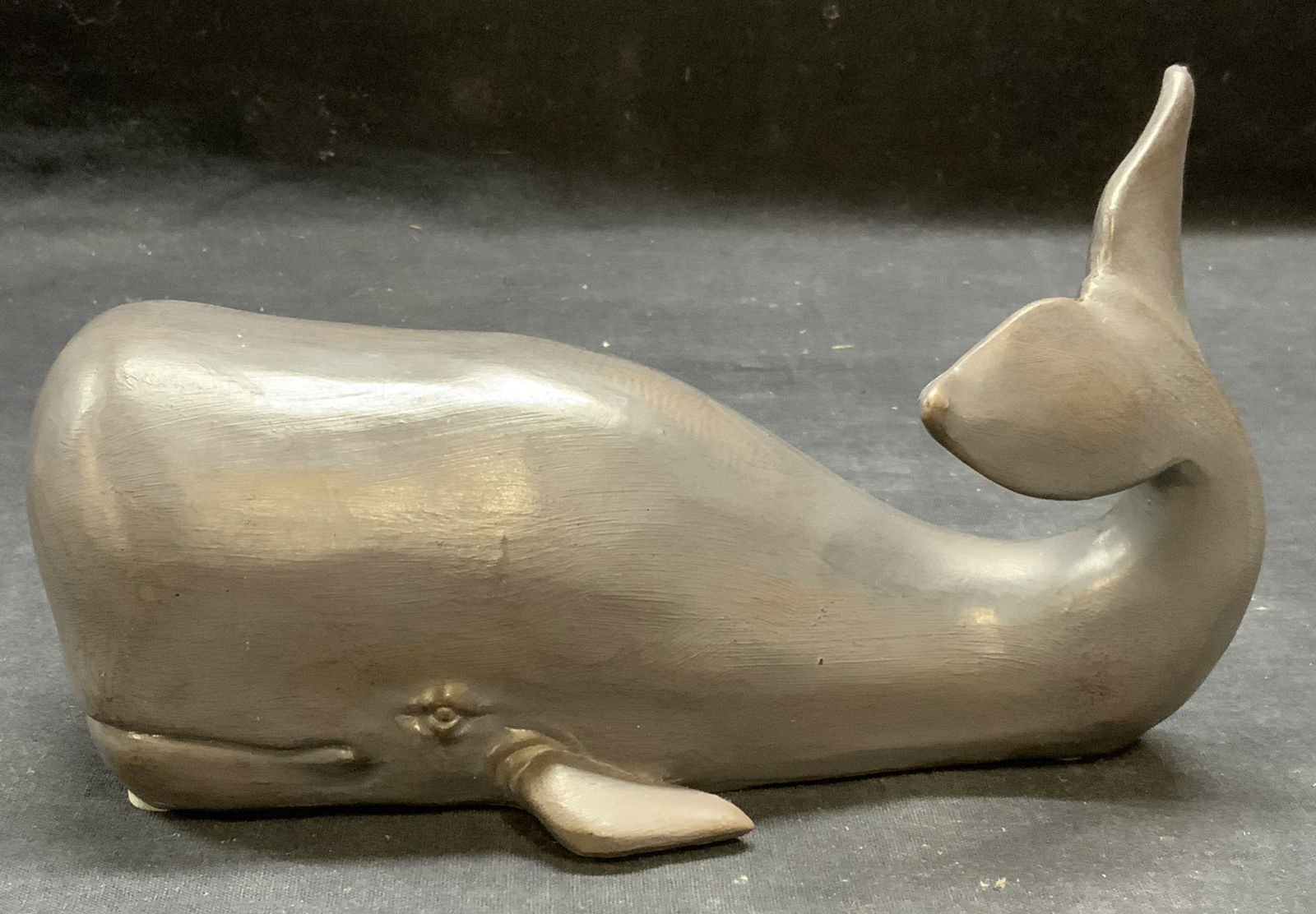 Vintage Hand Painted Wood Whale Figural: Vintage hand painted wood whale figural in gray. Measures approx. 8 x 4 x 4.25 inches. Some surface wear including scratching observed. Whale, whale figural, wood whale, Moby dick, decorative arts, ho