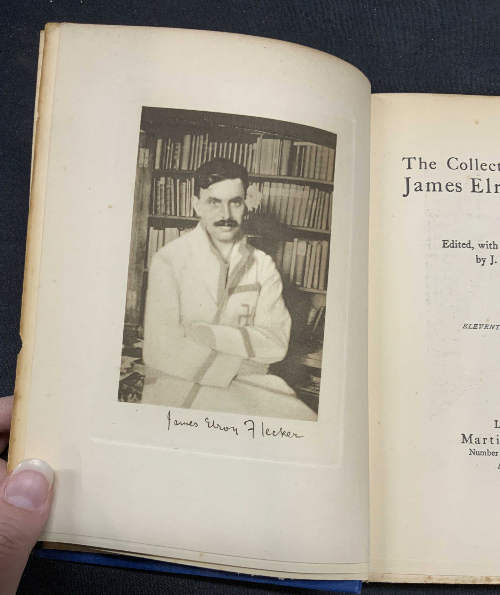 1926 Collected Poems of James Elroy Flecker: Hardcover copy of The Collected poems of James Elroy Flecker. Published by Martin Secker, 1926. Measures approx. 8.25 x 6 inches. Some wear to cover, pages, and spine consistent with exposure. James E