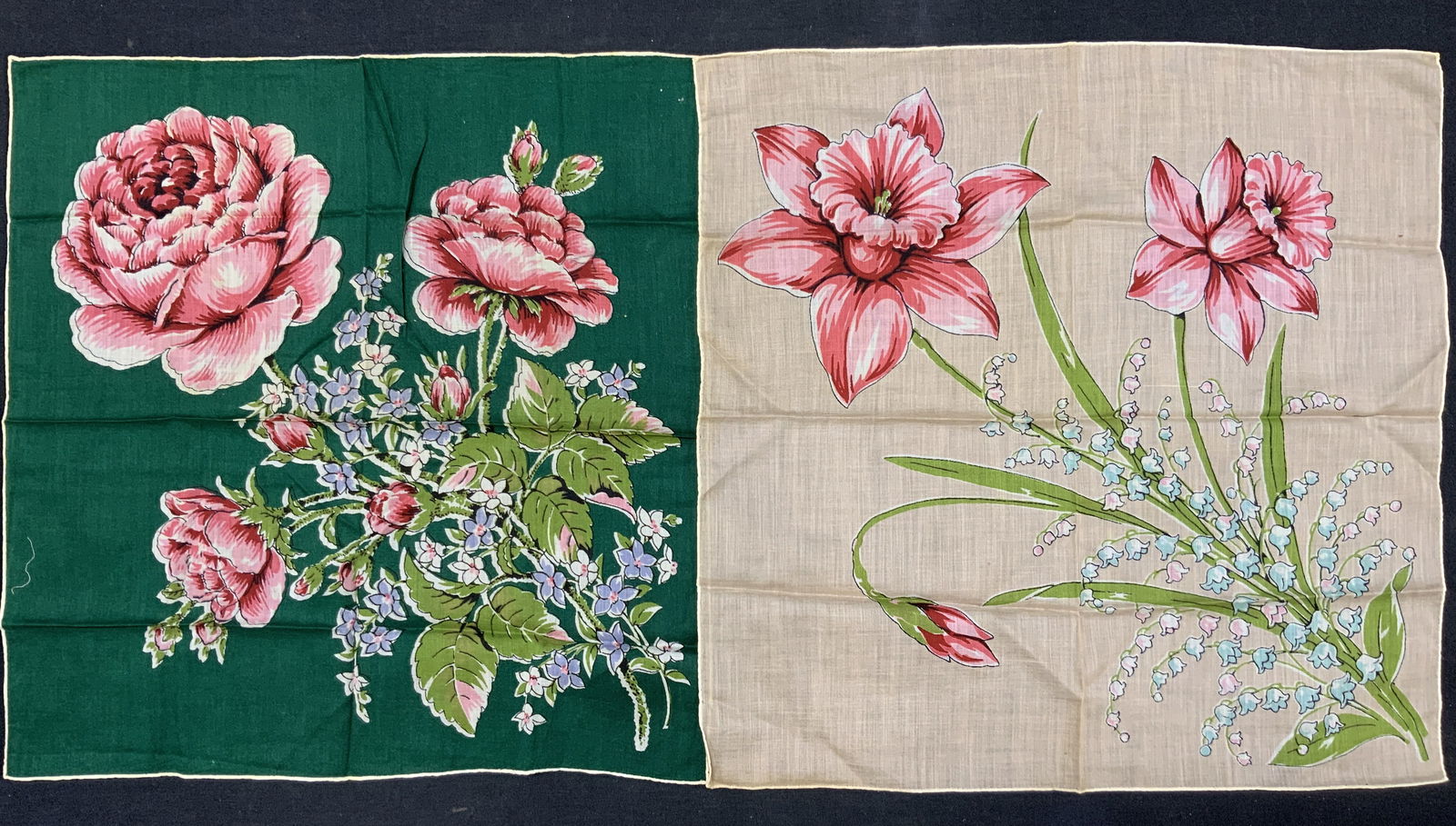 Lot 2 Floral Cotton Blend Handkerchiefs: Lot of 2 floral handkerchiefs, possibly cotton blended. 1 with green base and pink and pink roses, another tan toned with red and pink flowers, approx 13 x 13 inches. Moderate discoloration to creases
