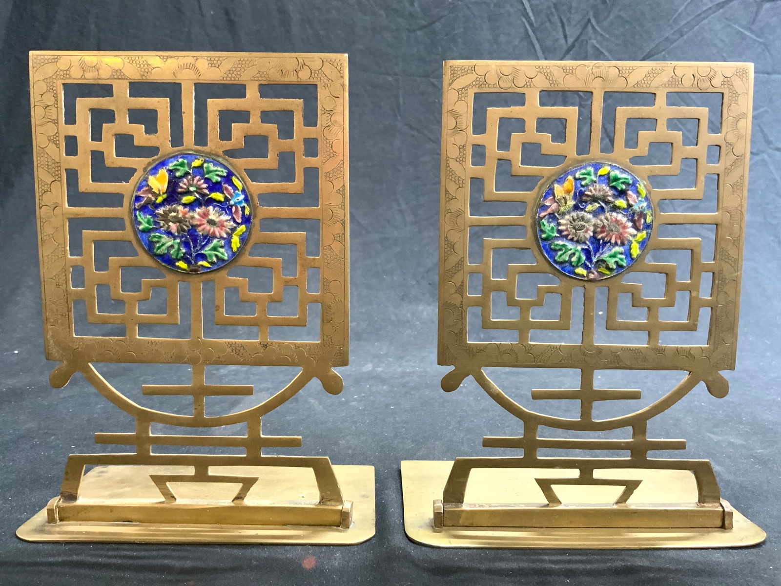 Vntg Pair Asian Enameled Folding Brass Bookends (1 of 7)