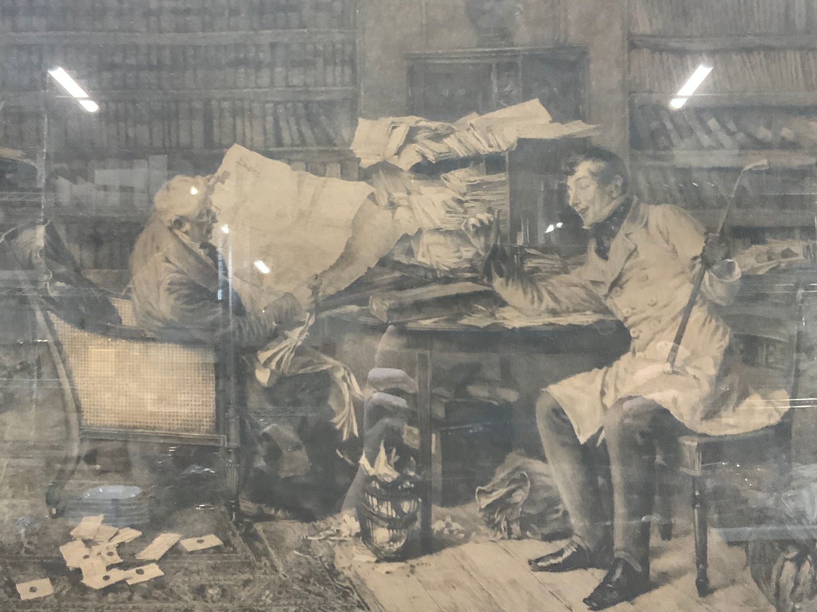 1899 Dendy Sadler A Little Mortgage Etching: Marked Dendy Sadler, A Little Mortgage, published 1899, stamped on Margin L.H. Leere London. Depicts a man in a trench coat with a cane in hand at the desk of an older man holding a newspaper in an of