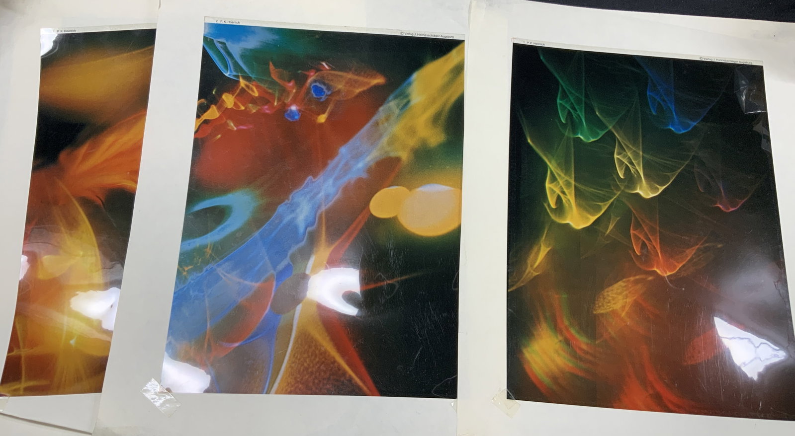 J.Hannesschalger German Foil Calendar Art: Marked on upper corners of pages J.Hannesschalger. Numbered 1-6 and 1 extra foil calendar depicting various multicolored panels of reflected light. Approx 16 x 12 inches Paper in which foils are affix