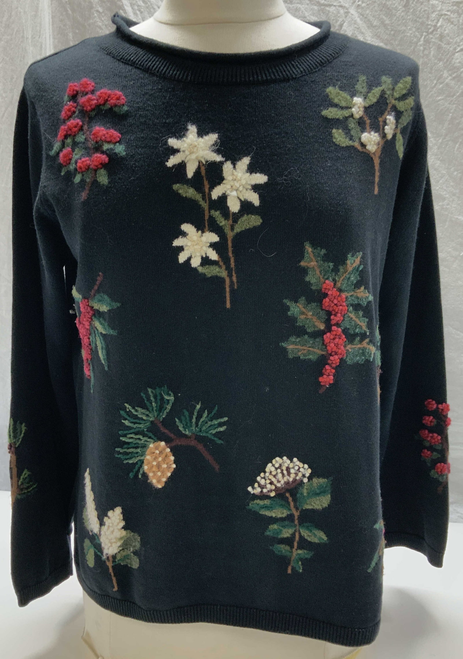 Marisa Christina Holiday Sweater w Sprigs: Size Large holiday sweater, possibly rayon/ wool mix with embroidered wool yarn winter holiday sprigs on front, back, and sleeves. Waist 40, length 23. Rolled wide crew neck. Labeled Marisa Christina 