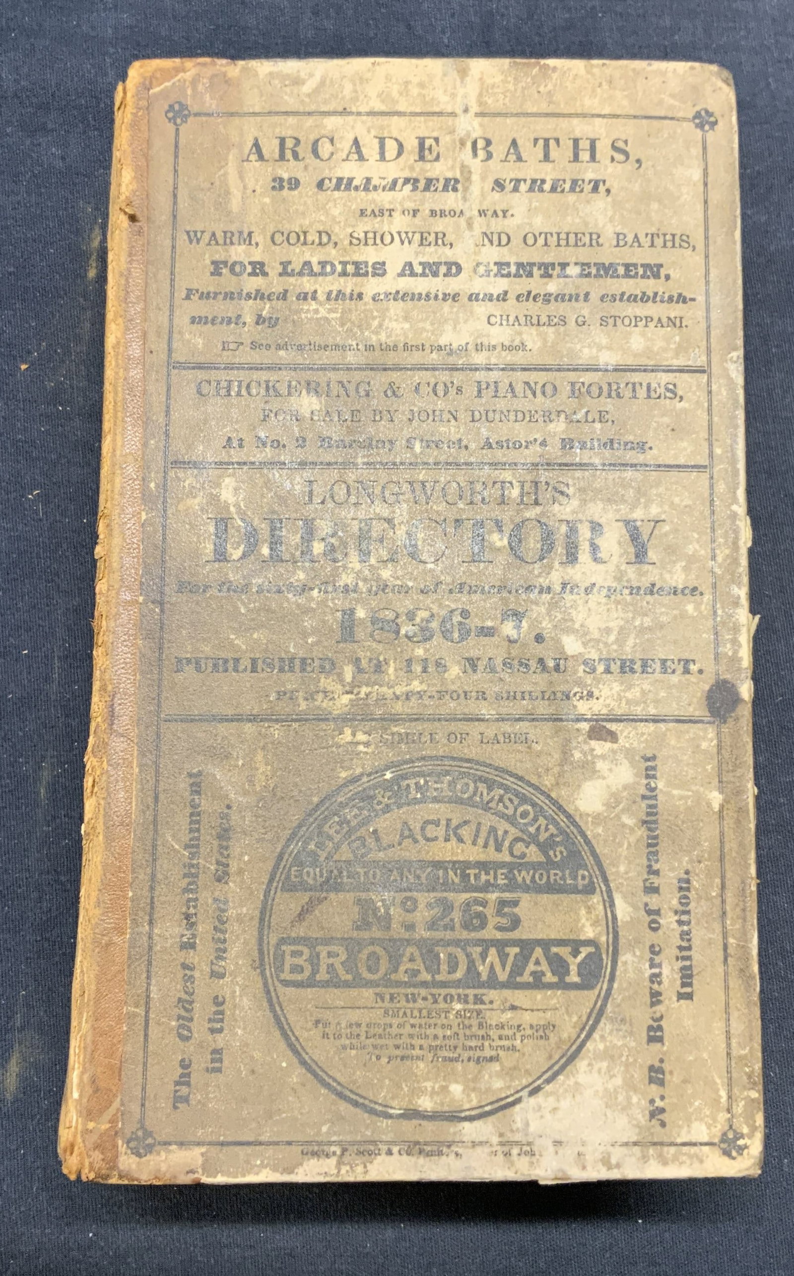 Antique Longworths New York City Directory, 1836: Antique hardcover copy of Longworths American Almanac, New York Register and City Directory. Published by Thomas Longworth, 1836. Measures approx. 7.5 x 4.5 inches. Wear to cover, pages and spine cons