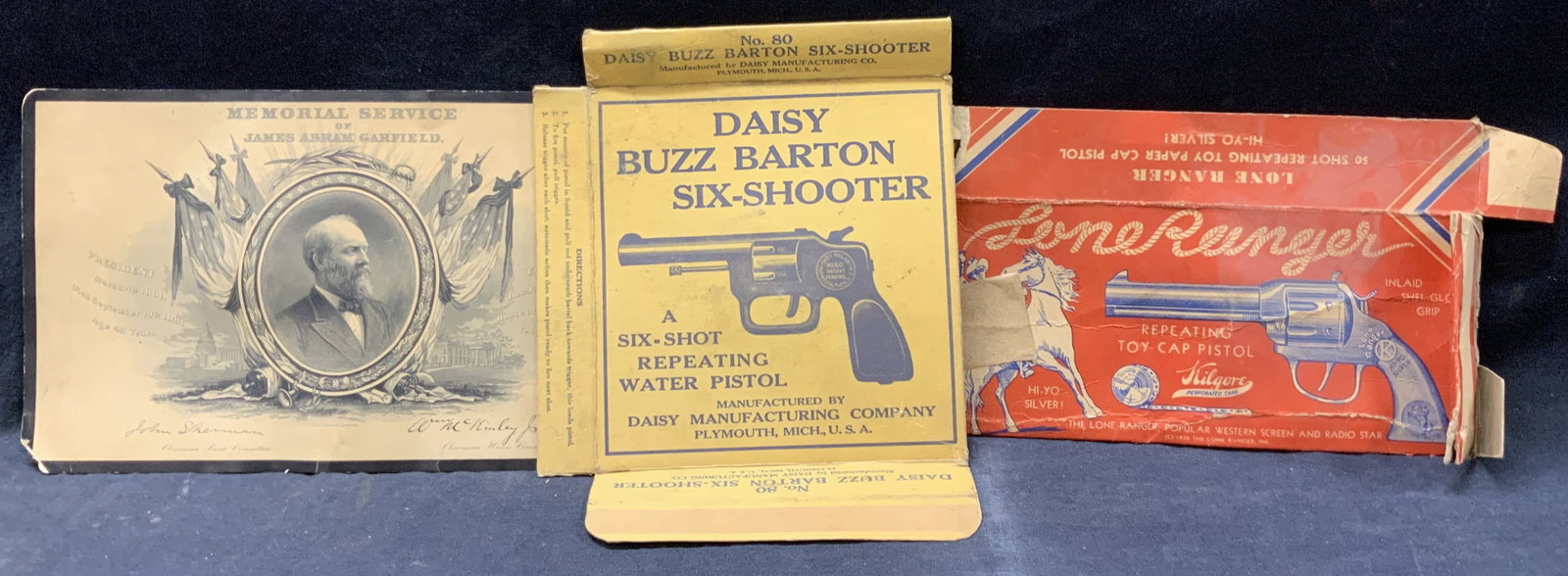 Lot 3 Vtg Toy Gun Boxes & More: Lot of 3 vintage cardboard accessories. 1 marked Lone Ranger reacting cap gun with an image of the revolver with an image of the long ranger. Another box reads Daisy buzz Barton six shooter water pist