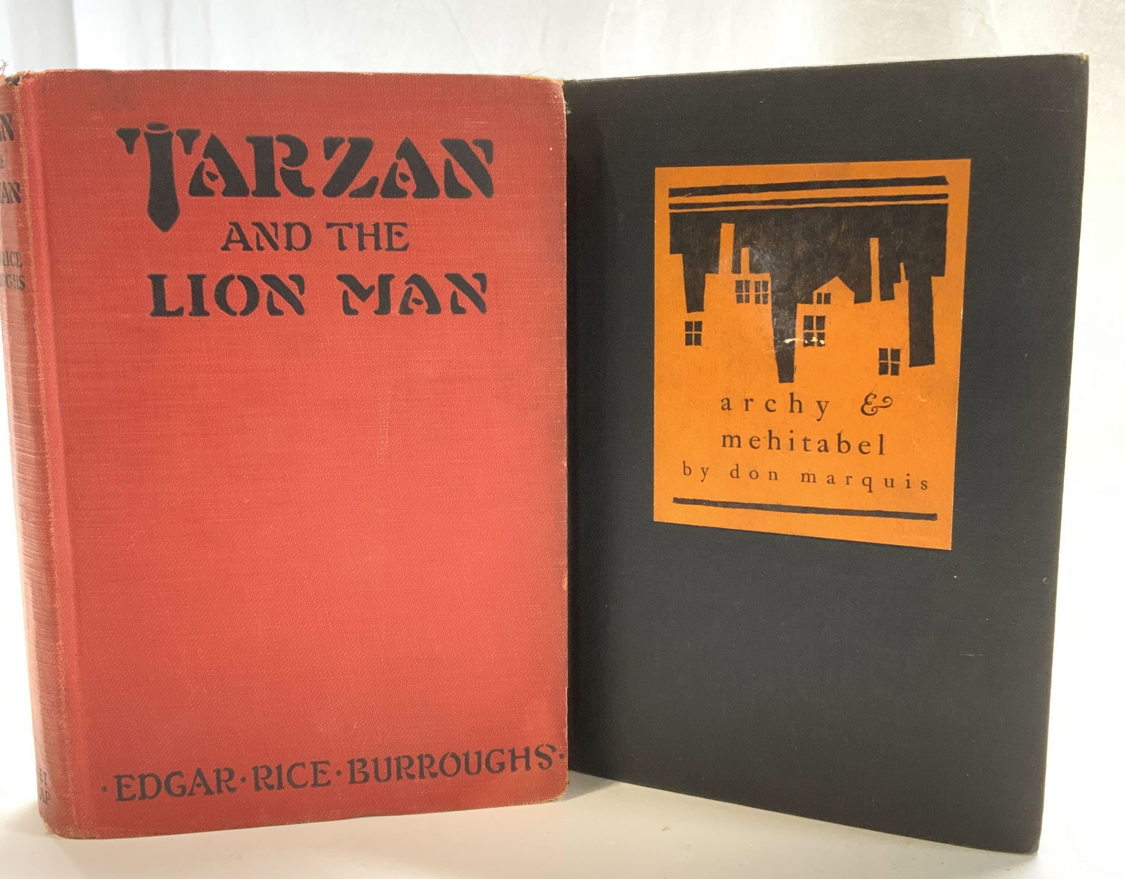 2 Tarzan & the Lion Man 1934, Archy Mehitabel 1927: Vintage hard cover books. TARZAN AND THE LION MAN by Edward Rice Bourroughs, Grosset & Dunlap Publ, NY c 1934., 1 illustration. 7.5 x 5.25 x1.25 in. ARCHY & MEHITABEL by Don Marquis , Doubleday, NY c 