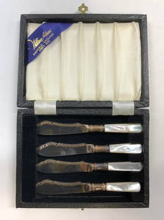 SHEFFIELD ENG 4 M Of Pearl Hors D oeuvres Knives: Interior WILLIAM ADAMS SHEFFIELD ENGLAND. Lot includes 4 Hors D oeuvres knives with original box. Each have mother of pearl handles & EPNS Blades. Box is lined in black toned pebbled leather. Box meas