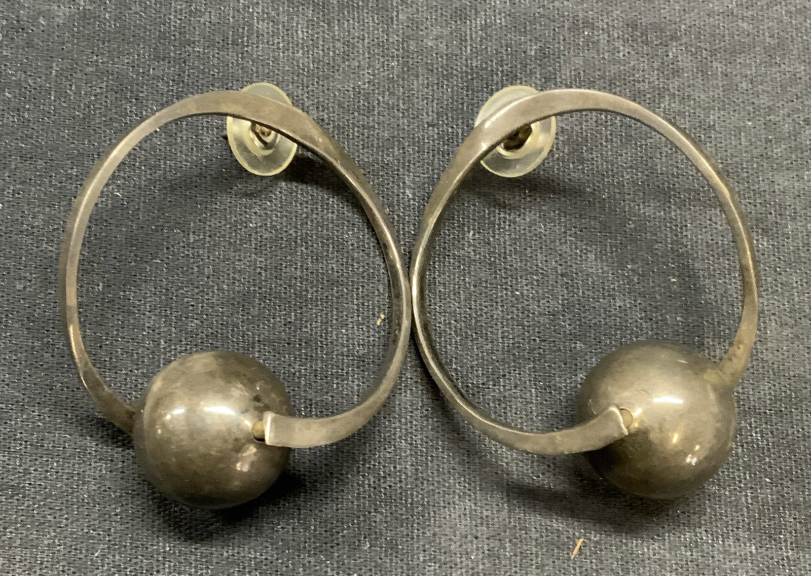 Vintage Sterling Silver Beaded Earrings: Vintage sterling silver hoop earrings with bead decoration. Post backing, tests for sterling using PuriTEST kit. Measure approx. 2 inches wide. Total weight .53 ozt. Some surface wear including scratc