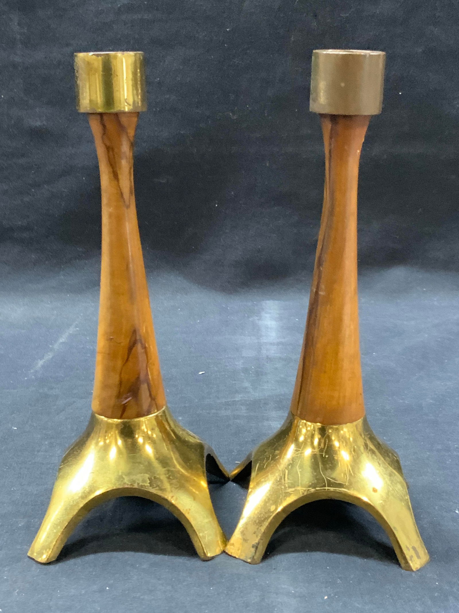 Pr Brass & Wooden Candle Sticks, Israel (1 of 9)