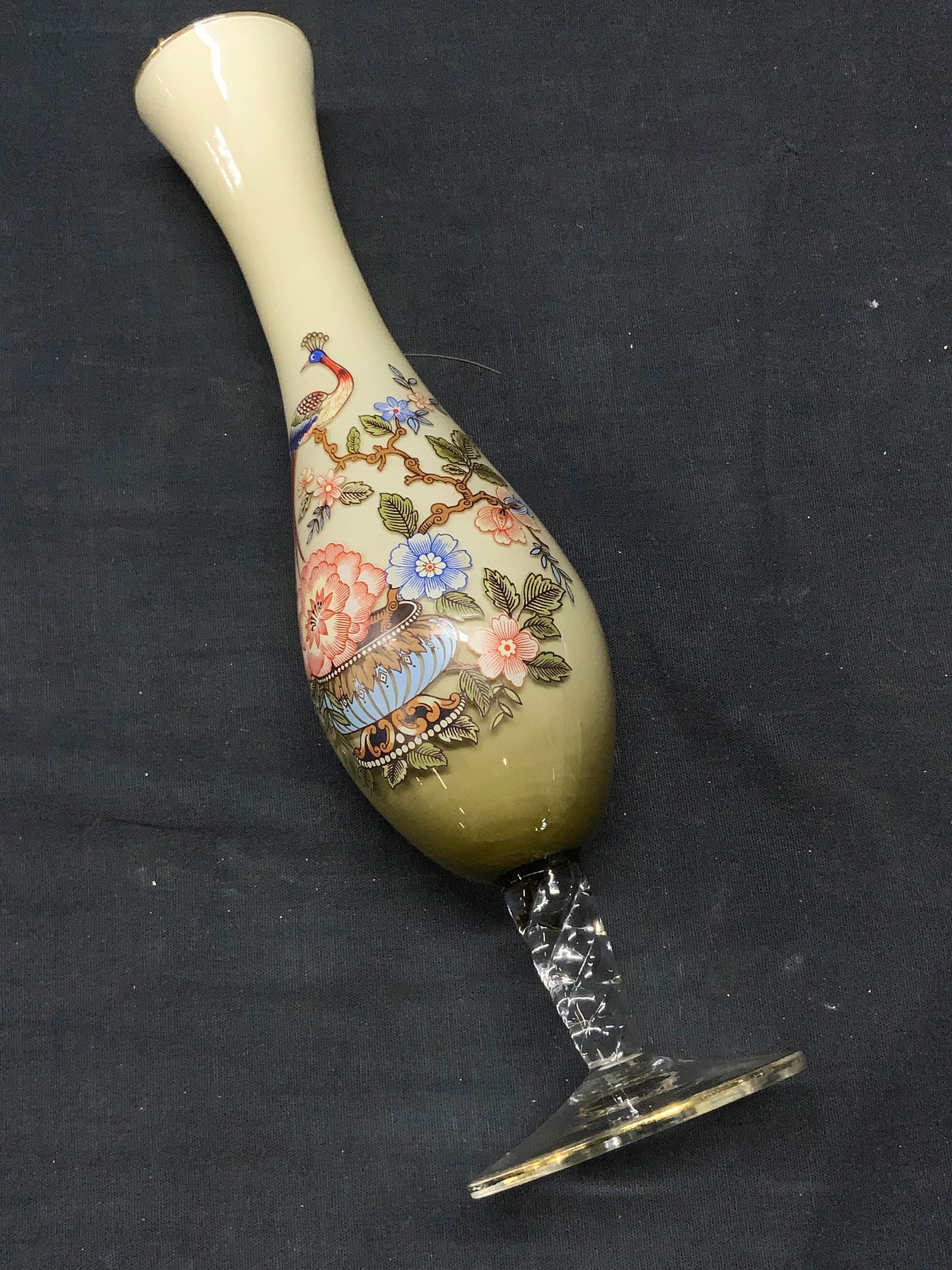 Asian Peacock Glass Bud Vase: Opaque glass Bud vase with Asian stencil decor or Asian peacock and blossoms. Twisted glass stem. Vase measures 10.5 in. Tall. 2.75 in. at widest. Light stencil wear. Asian decorative arts, Asian glas