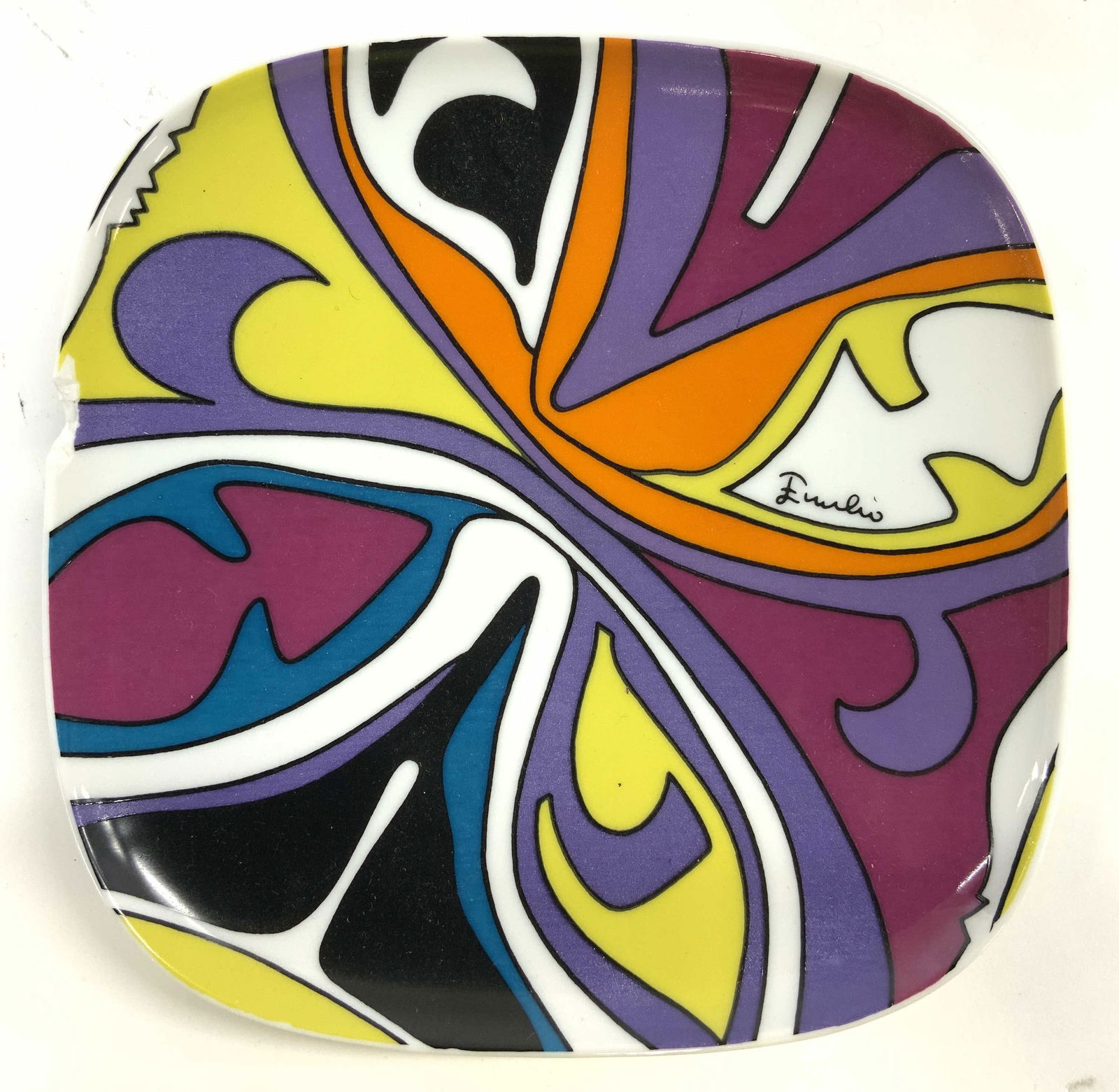 ROSENTHAL EMILIO PUCCI Porcelain Plate GERMANY: Underside is marked ROSENTHAL GERMANY EMILIO PUCCI STUDIO LINE. Plate is porcelain. Piece has free flowing multi toned detail. Top side has printed EMILIO signature. Piece measures approximately 7.25