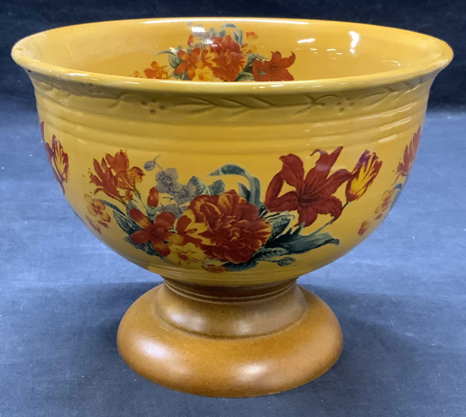 Ceramic & Wood Footed Floral Bowl (1 of 6)