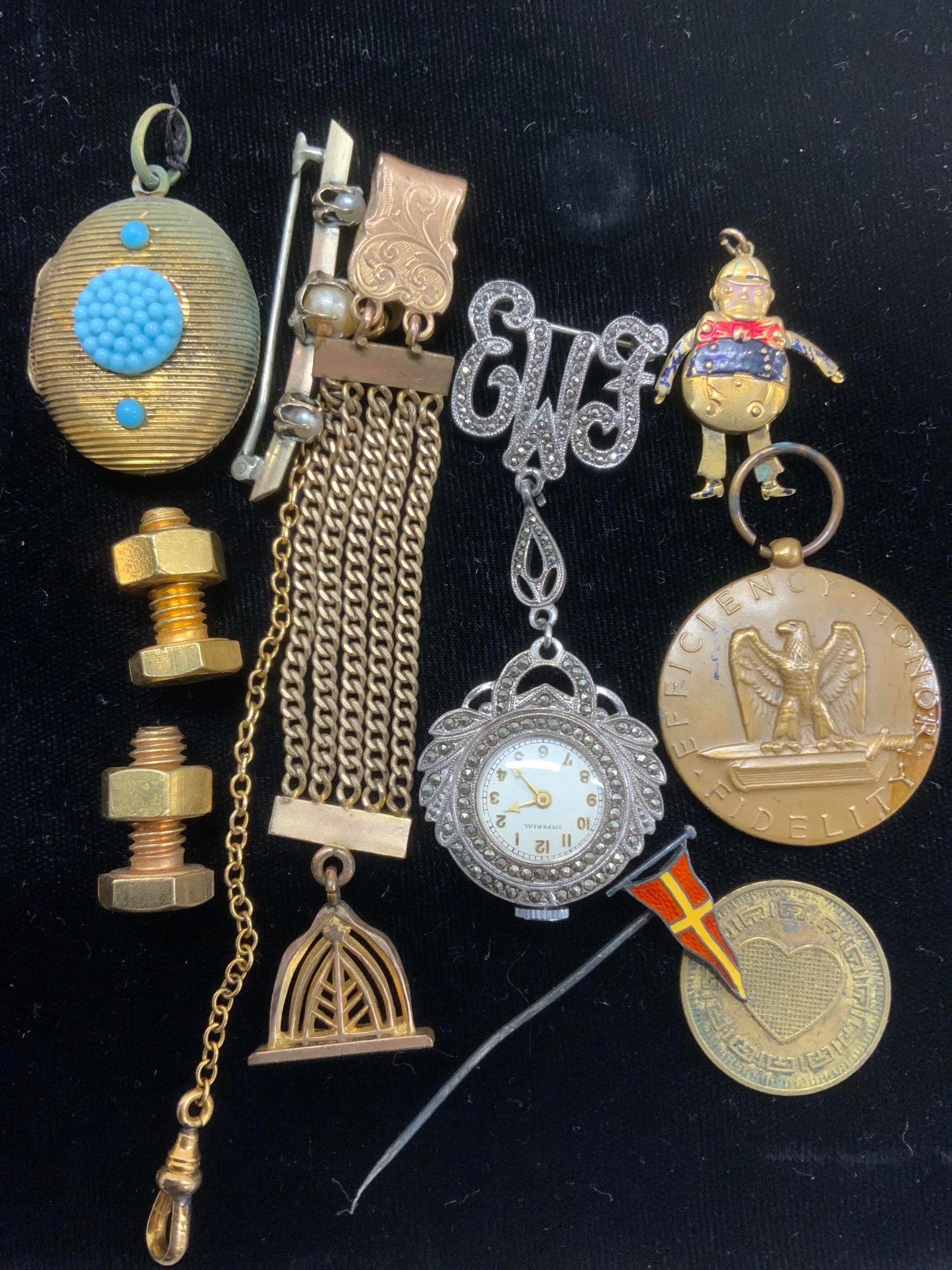 Sterling Imperial Brooch Watch, Jewelry/ Access 10: Art nouveau Sterling Silver Imperial Brooch watch with MARCASITE . Monogrammed EWF with a wind up drop watch, 2.75 in. Long x 1 in. Wide.marked KD Sterling, .57 ozt tw. 12k gold plated art nouveau fob