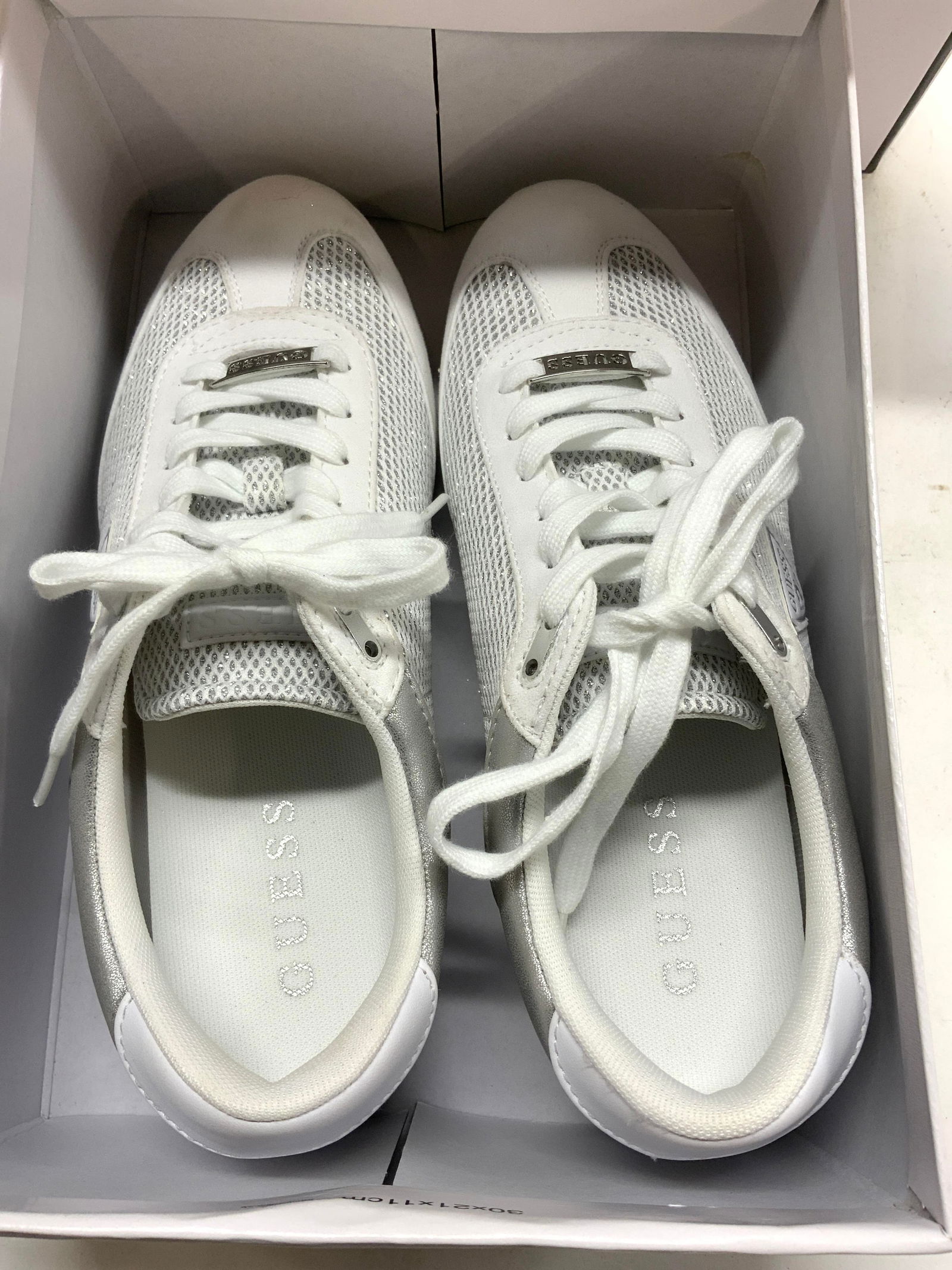 Guess Romeo Logo White Sneakers, NIB: White leatherette sneakers with silver metallic woven in fabric. Guess Jeans Romeo/ Romio . Size 10 M ladies . New in box. Footwear, shoes wear, guess sneakers, white sneakers, trainers, sportswear, e