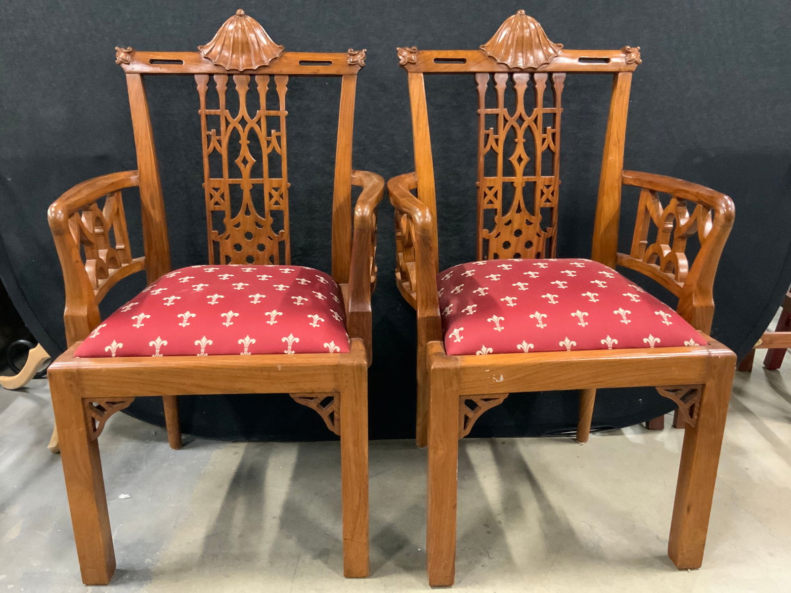 Pr Vtg Wooden Chippendale Style Arm Chairs (1 of 10)