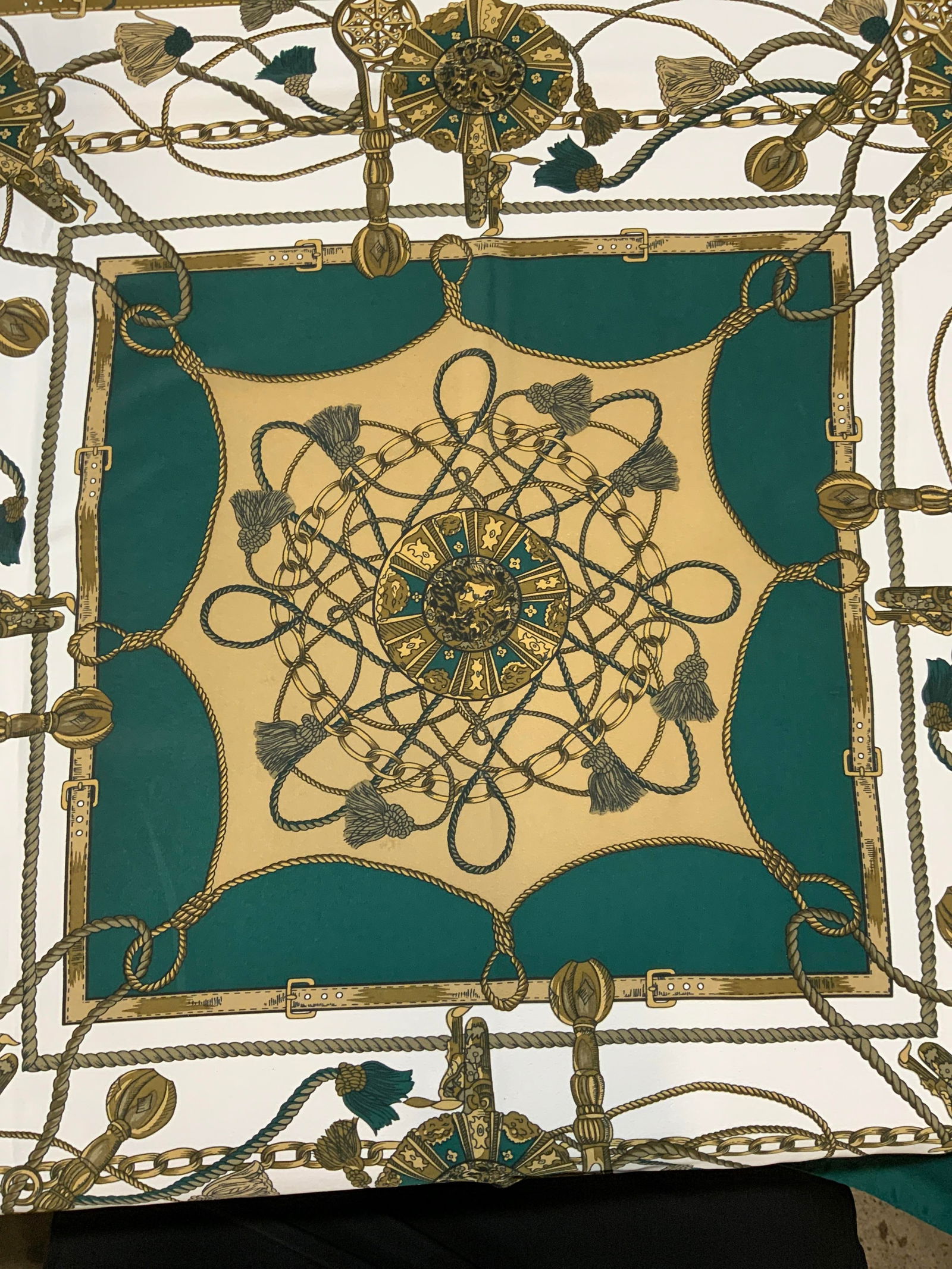 Vintage Green & White Silk Lion Scarf France (1 of 7)