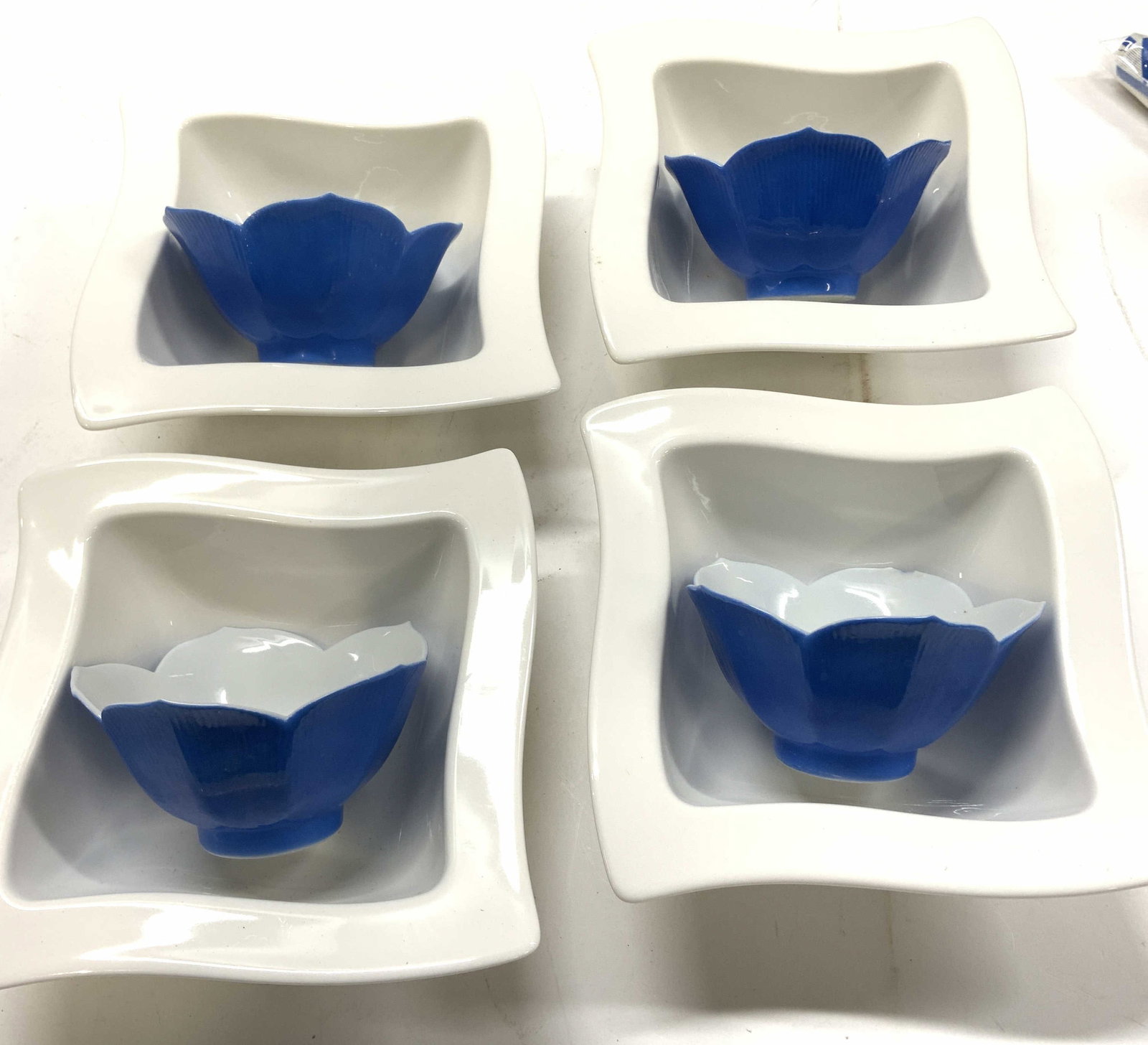 VILLEROY & BOCH Chinaware Bowls, Lotus Bowls 8: 4 VILLEROY & Boch White Porcelain Bowls . Measure 6.75 x 6.75 in.,2.5 in. Deep. Made in GermanySet 3 blue lotus porcelain bowls, 4.5 in wide x 2.25 in ht. Lotus Porcelain Nesting Bowls, tableware, por