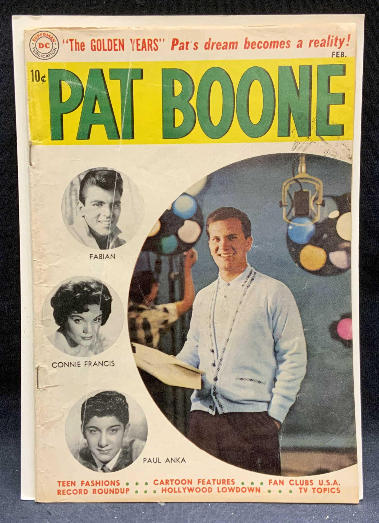 DC Comics Pat Boone #3 1960, Illustrated: DC Comics Pat Boone issue number 3. Published by DC Comics, 1960. Illustrated in color. Measures approx. 10.25 x 7 inches. Some wear to cover, pages, and binding consistent with exposure. Comic book, 