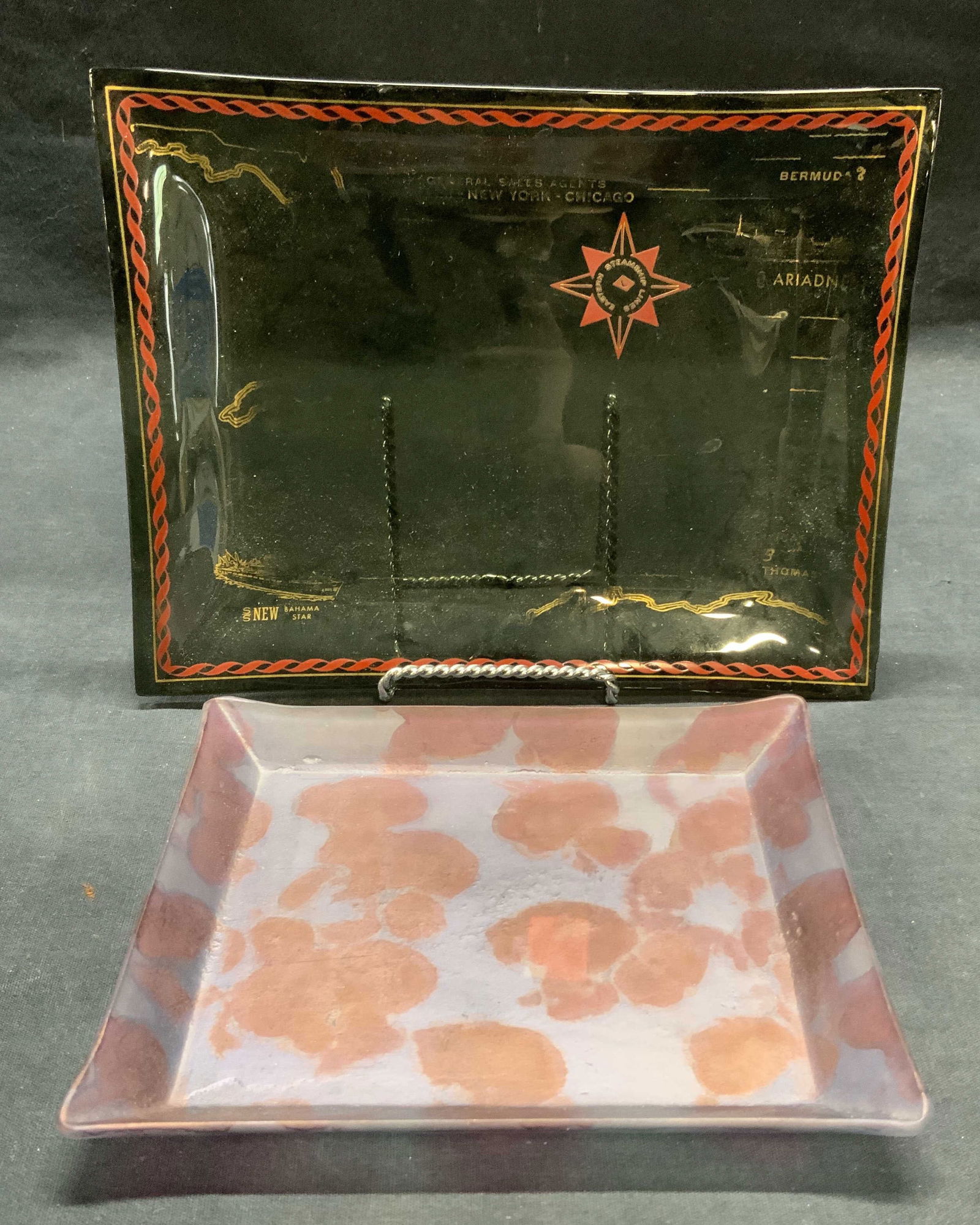 Lot 2 Ilanit Hand Painted Art Glass Dish, More: Ilanit purple and red dot hand painted art glass dish. Trademarked to underside. Black glass dish with Eastern Steamship Lines printed motif. Loss to paint observed. Largest dish measures approx. 9 x