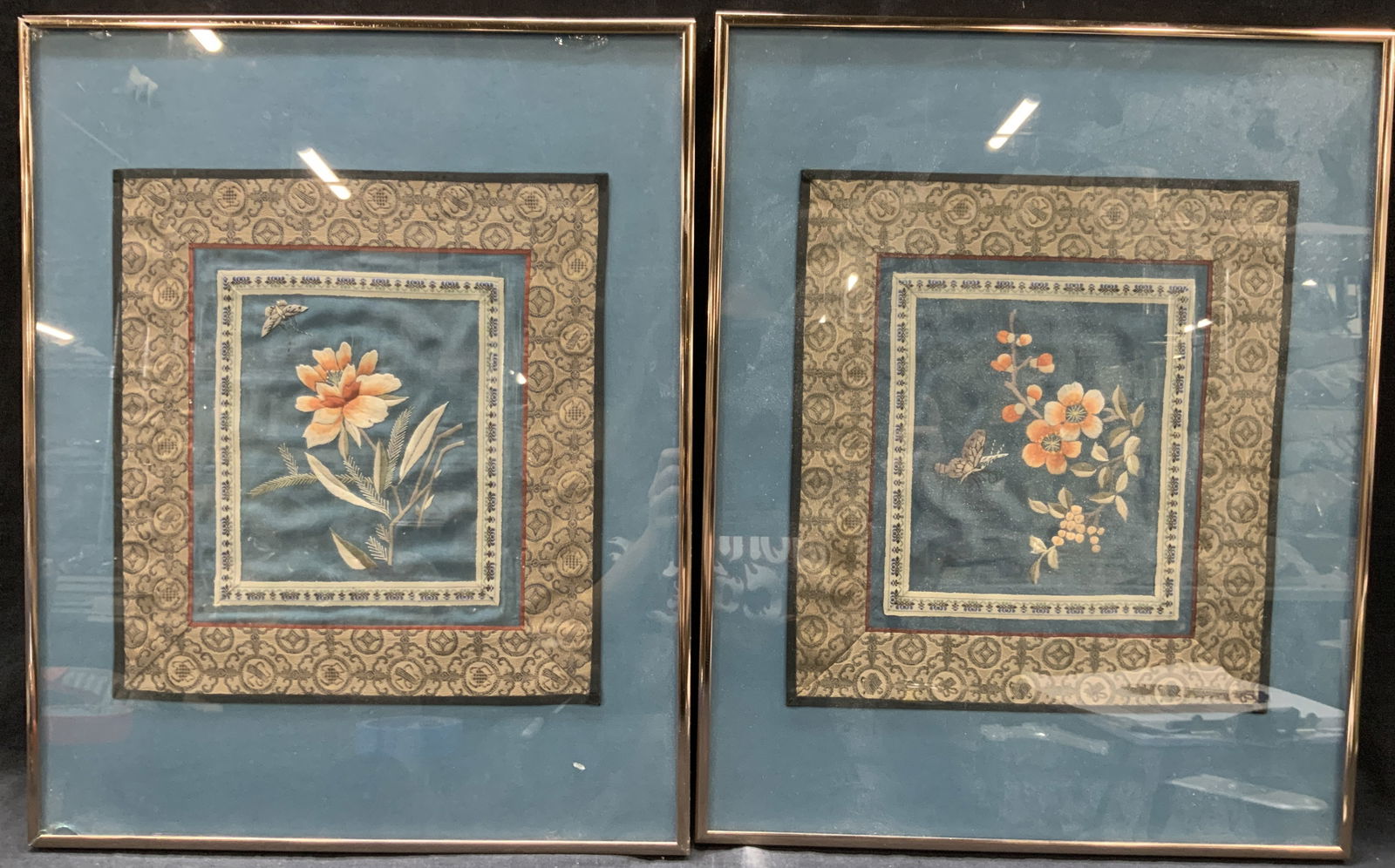 2 Framed Asian Textile Floral Embroidered Panels (1 of 9)