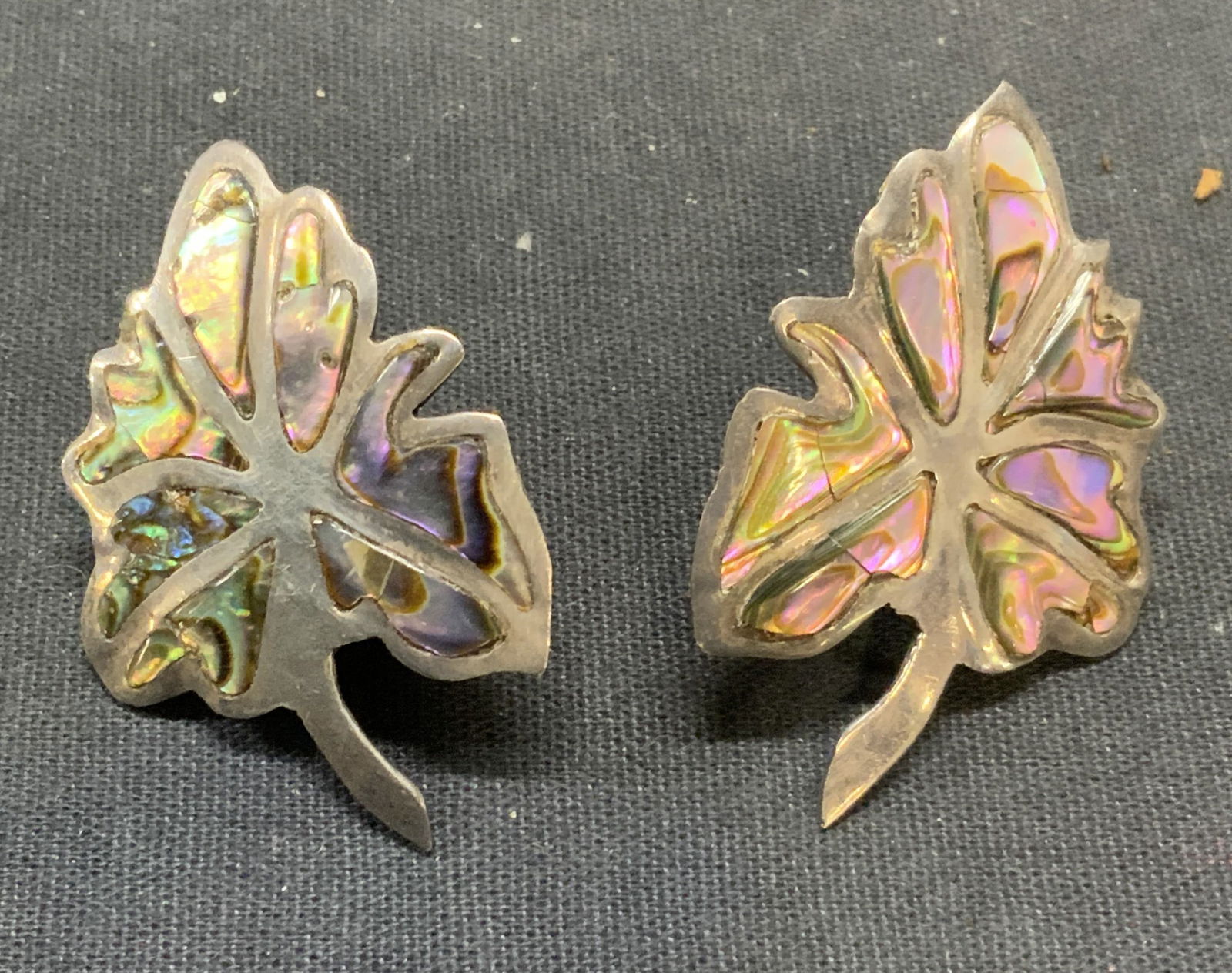 Vtg MR Sterling Silver Abalone Leaf Earrings (1 of 7)