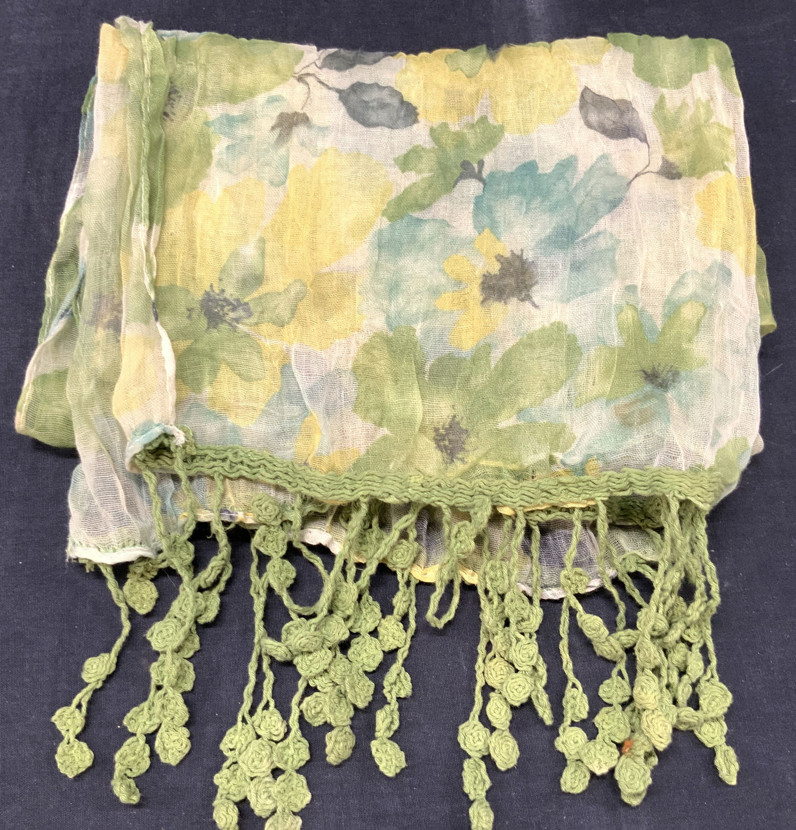 Cotton Blend Floral Fringed Crocheted Scarf (1 of 6)