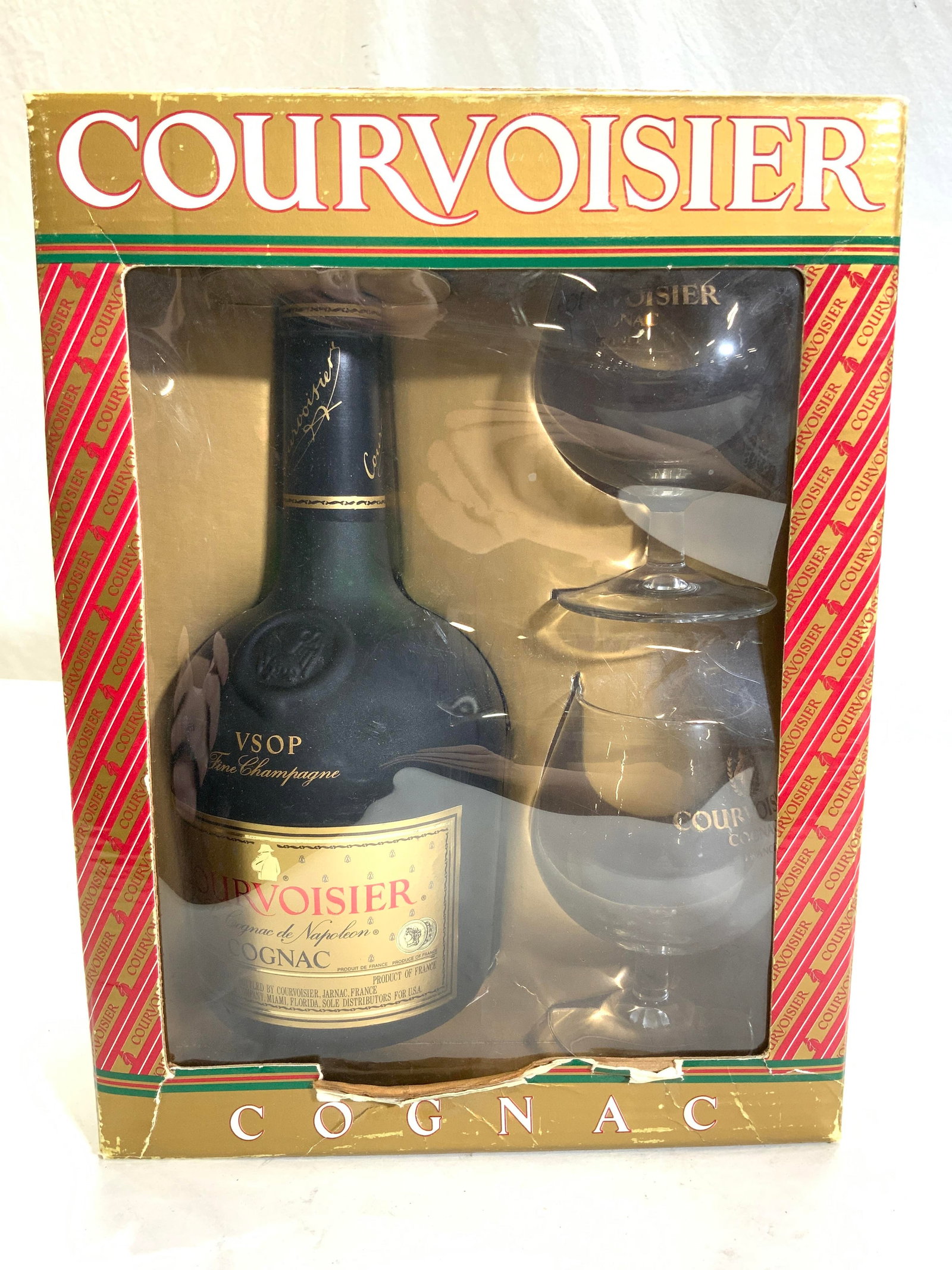 Courvoisier Cognac w Snifter Glasses NIB, France: Sealed bottle of Courvoisier Le Cognac de Napoleon Cognac with 2 Snifeter glasses. Liquor is a product of France 80 proof alcohol. Frosted green bottle. Imported to USA . Pair of snifter glasses marke