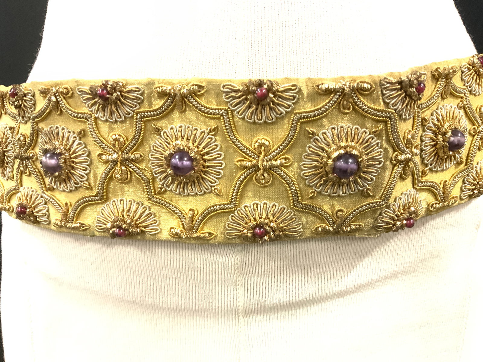 Handmade Luxe Gemstone Metal Thread Tie Belt: Luxury tie belt made with amethyst ( 17beads) and garnet ( 32) gemstone beads. Hand threaded with gold tome metal coil thread and micro beads. Metallic gold thread and gold tone thread tassel ties. Be