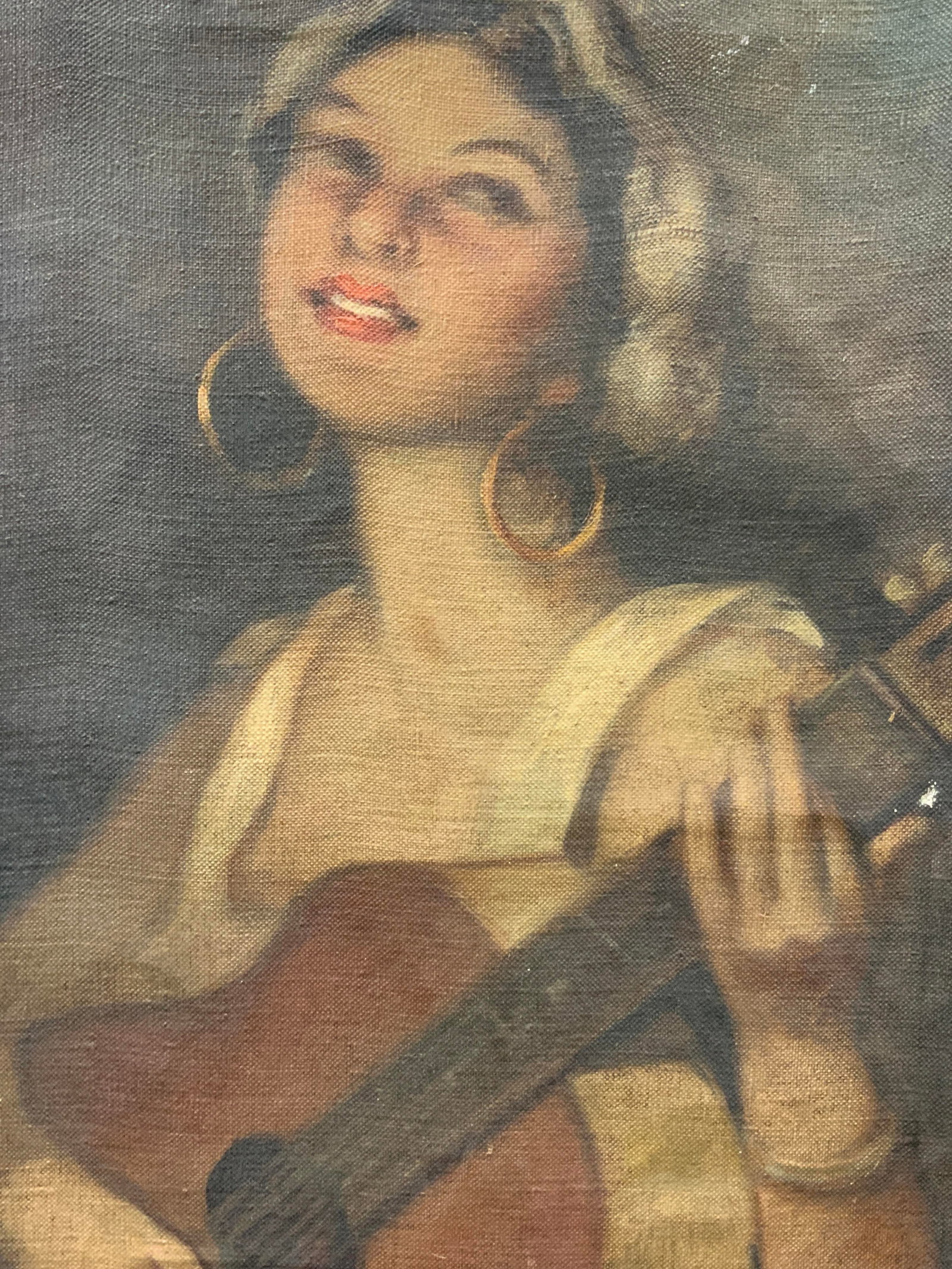 Sgd Guitarist Oil Painting On Canvas: Signed on lower left corner, illegibly. Depicts a young woman playing a guitar with hoop earrings and a bonnet on her head. No frame. Approx 20 x 16 inches Evident wearing to canvas due to age and use