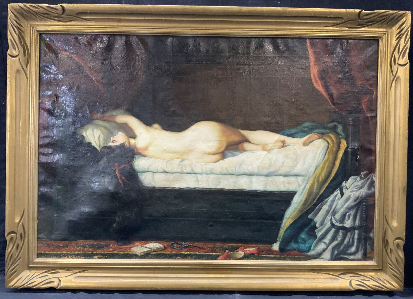 Vtg Reclining Woman Oil Painting: Vintage oil painting on canvas, depicting a nude woman lounging on a bed with her dark hair cascading off the bed with high detailing in the drapery around the bed, Framed in a carved wooden gold leaf