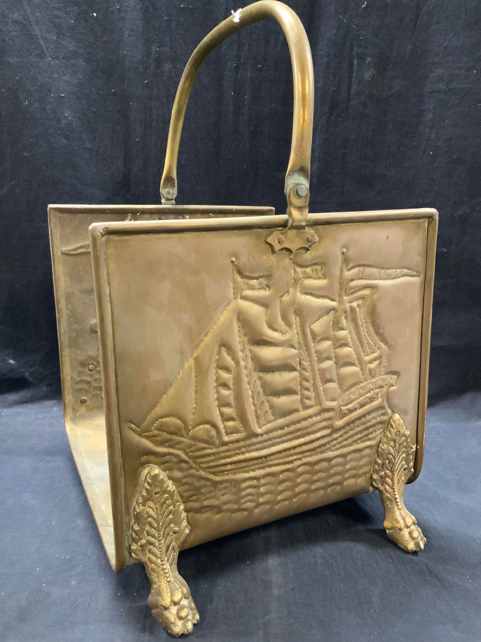 Vtg Footed Claw & Etched Brass Firewood Holder (1 of 10)