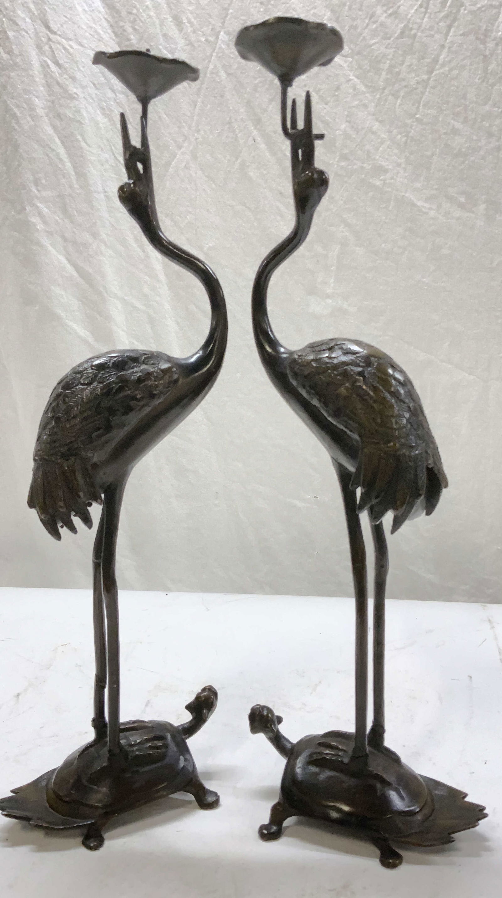Pair Japanese Meiji Bronze Crane Candlesticks (1 of 7)