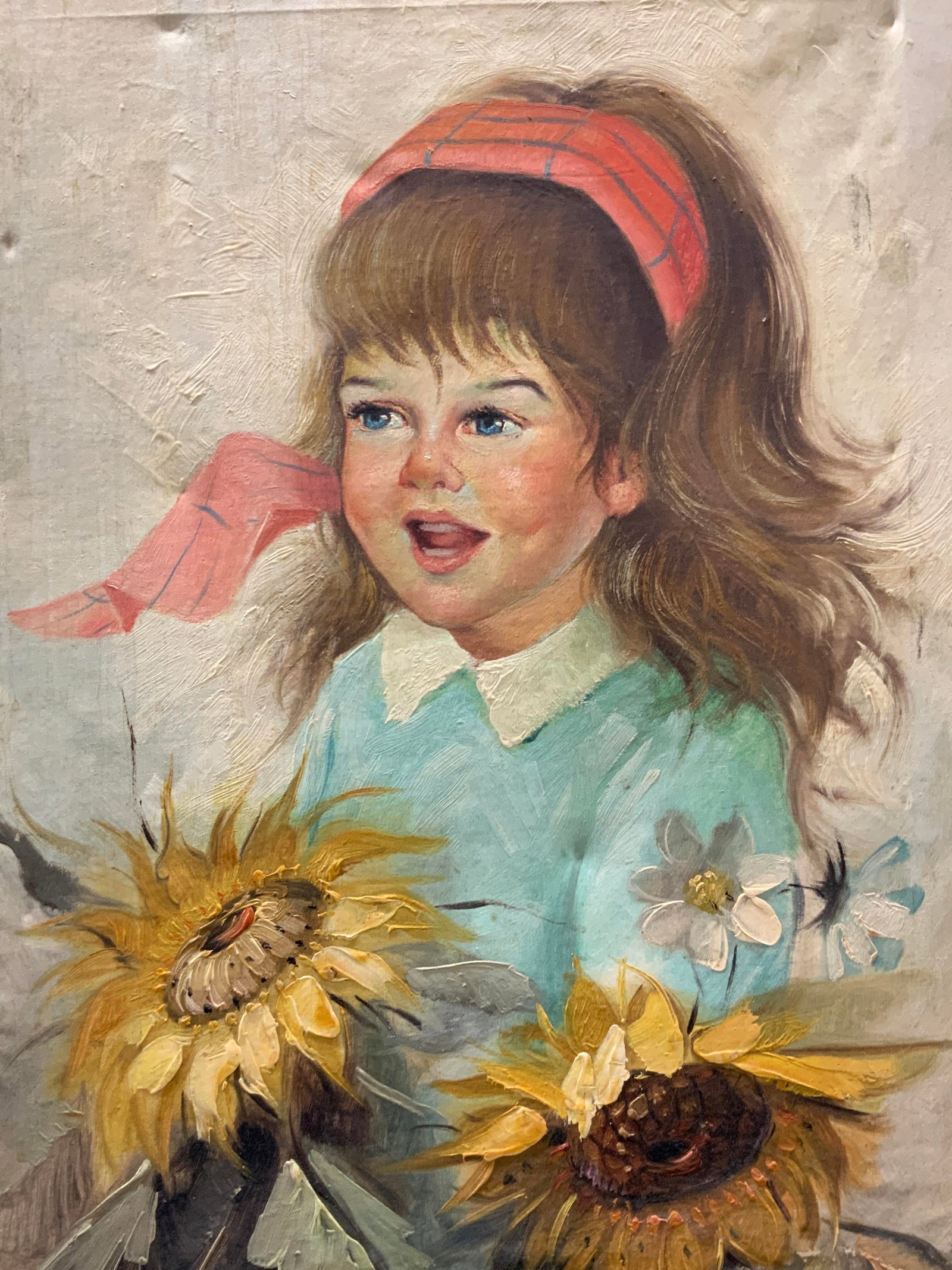 Sgd Child W Sunflowers Oil Painting: Signed on lower left corner, illegibly. Depicts a young girl in a blue shirt with sunflowers around her. No frame, approx 28 x 20 inches Evident wearing and discoloration to canvas Home decor, vintage