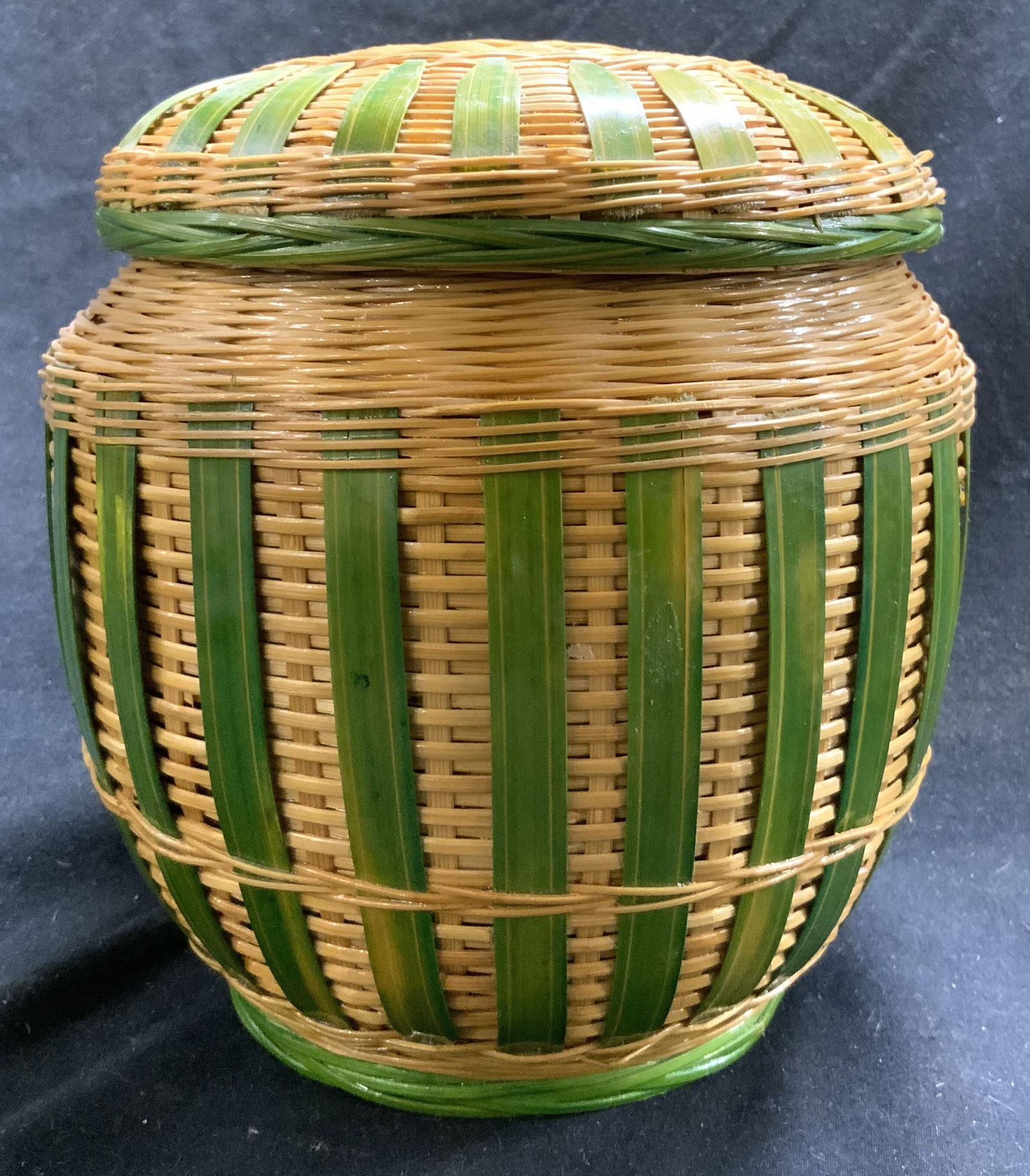 Lidded Ceramic Vessel W Woven Wicker Exterior (1 of 6)