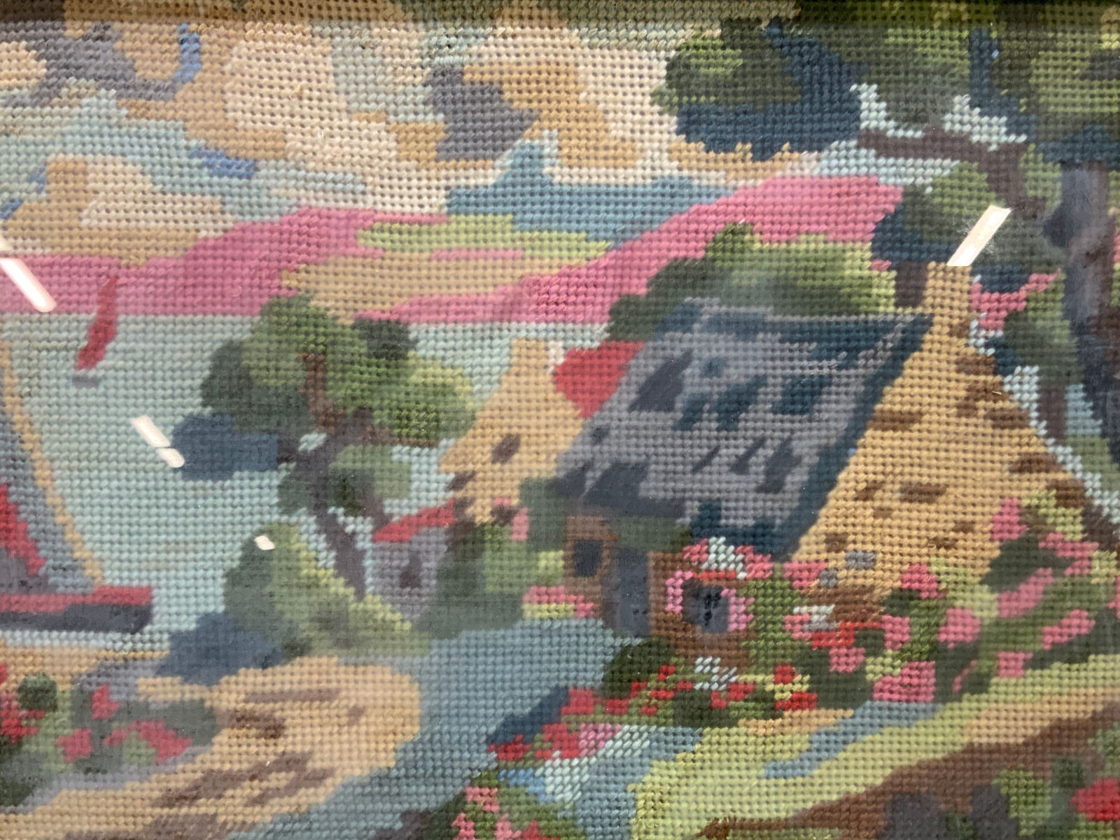 Framed Vtg Cross Stitching Landscape Fabric Art (1 of 7)