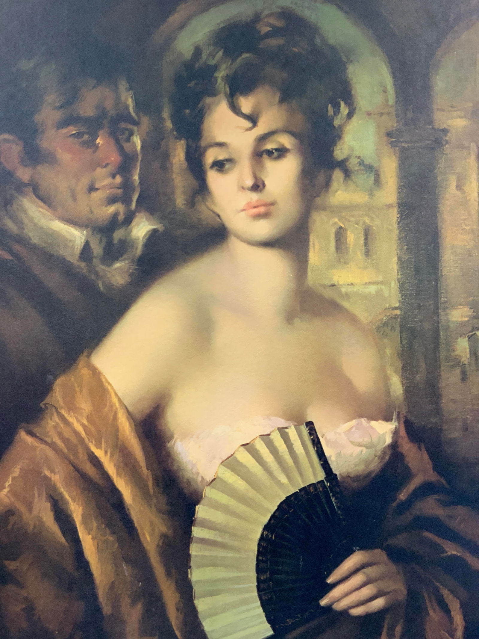 Lady Of Castile By Puyet Figural Lithograph: Lithograph of the last of Castile by Puyet, Depicts the woman in a gown holding a fan in her hand, she looks away while the man behind her looks towards the viewer. Framed in an ornately crafted woode