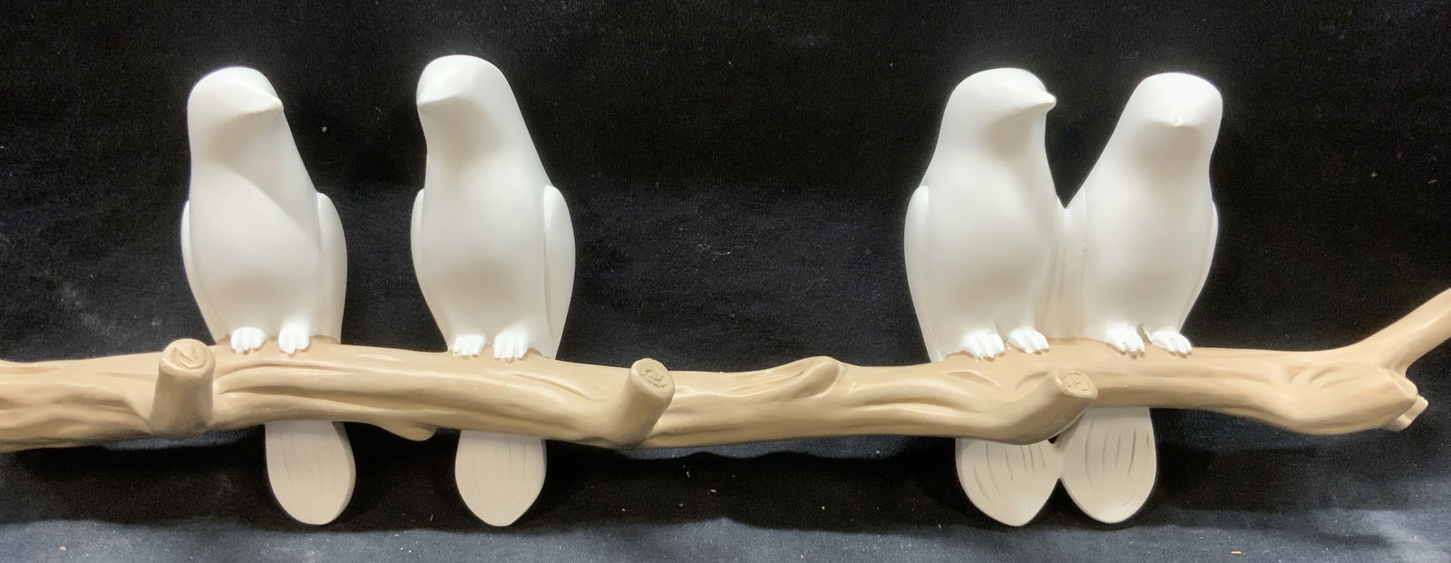 Birds on Branch Wall Hook: 17.5 in long wall hook. Plaster composite. White birds on a tan branch. 5.25 in ht., new with out tags. Wall decor, wall hook, decorative arts, birds on branch wall hook, clothing hook, childrens room