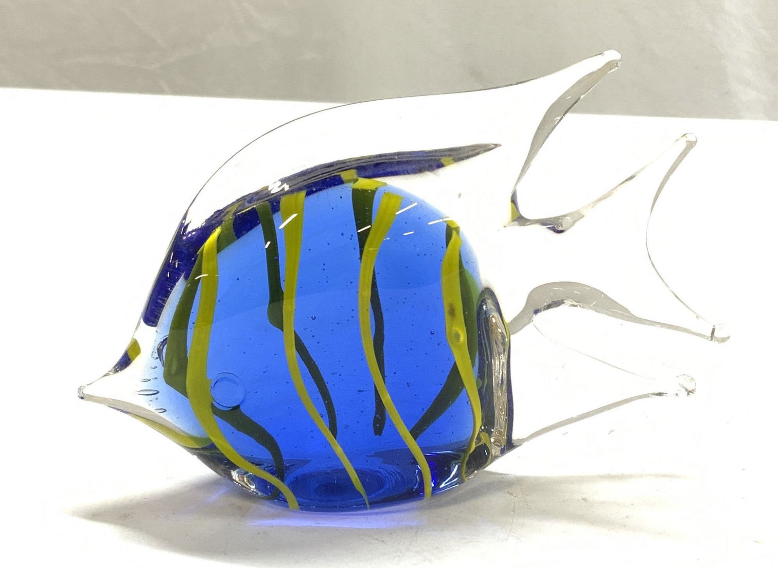 Blown Art Glass Angel Fish Figural/ Paperweight: Cobalt blue glass fish figural/paperweight. Blown Art glass. Yellow stripes over blue. Measures 3.5 in ht. X 5.5 in. Long. Decorative arts, art glass fish paperweight, desk accessories, blown glass fi